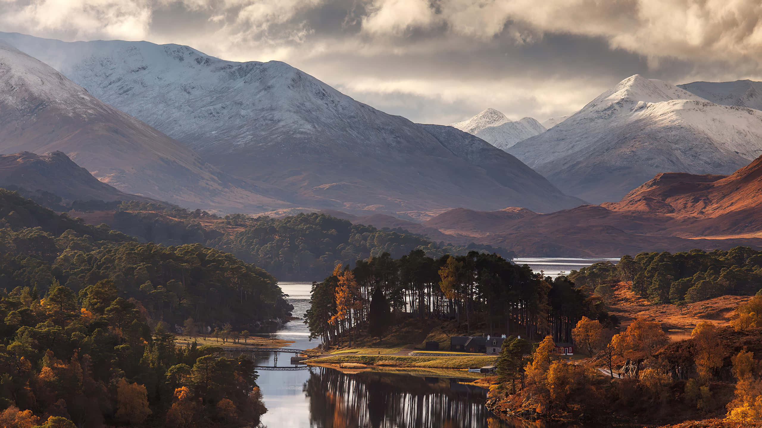 2560 X 1440, autumn, snow-capped mountains, 2K Desktop Wallpaper