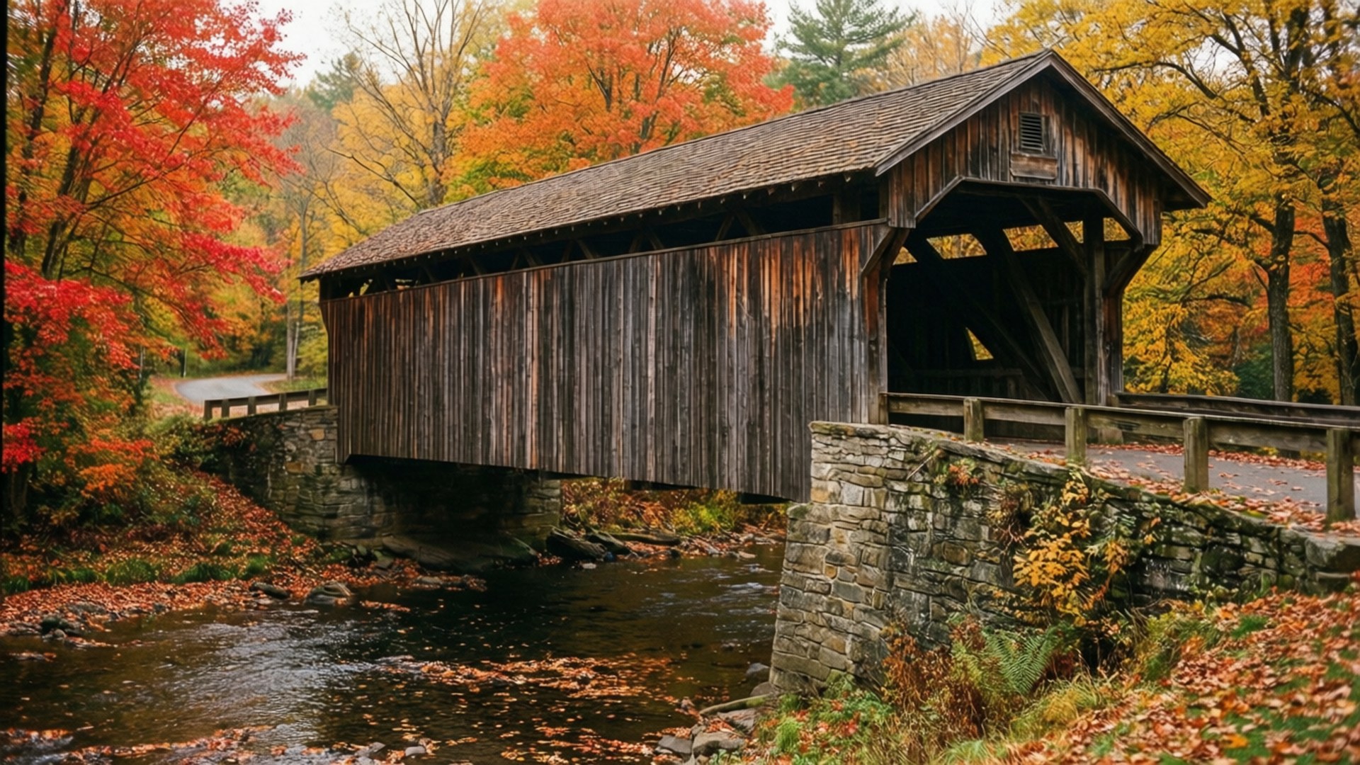 covered bridge, autumn foliage, fiery reds oranges and yellows, Full HD Desktop Wallpaper