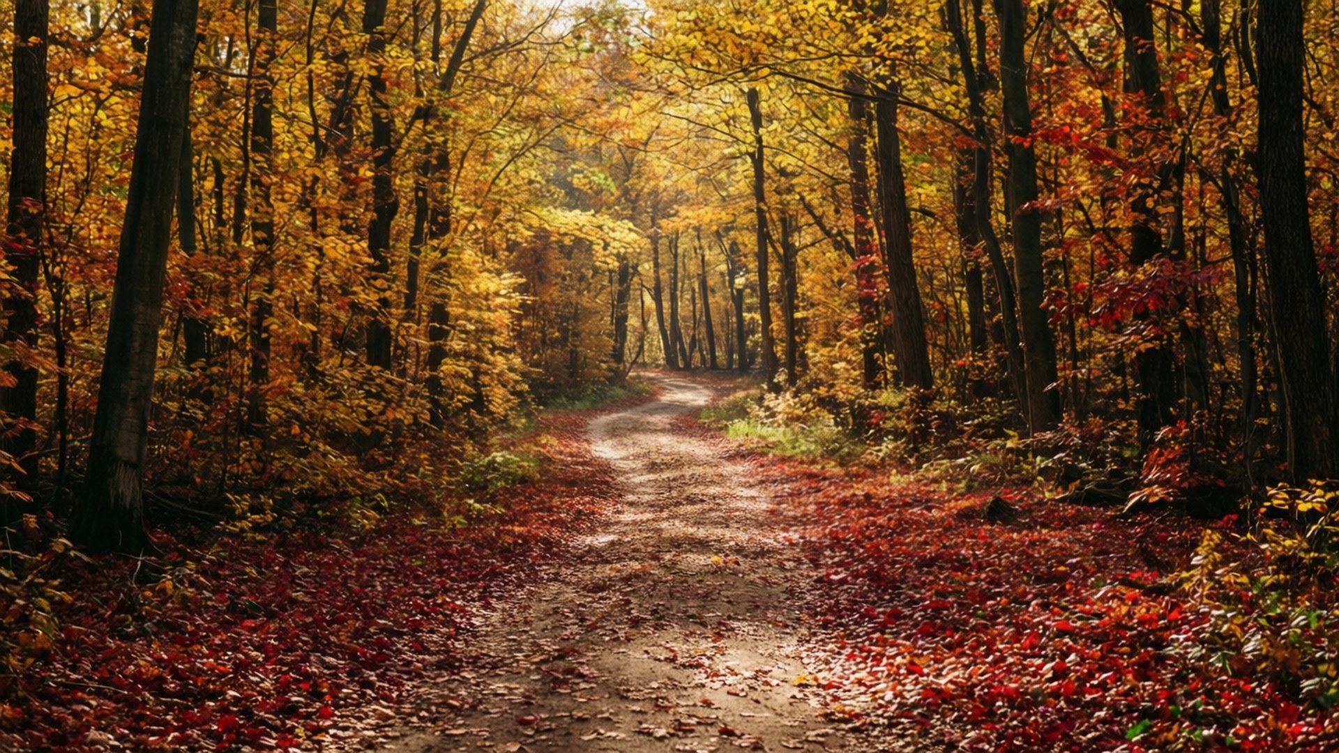 golden woods, winding dirt path, dense forest, Full HD Desktop Wallpaper