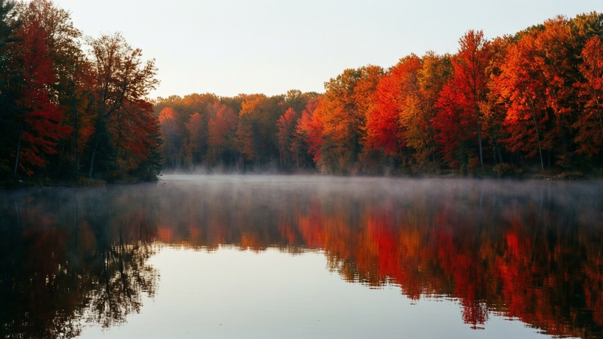 misty lake, fiery red and orange trees, soft dawn sky, Full HD Desktop Wallpaper