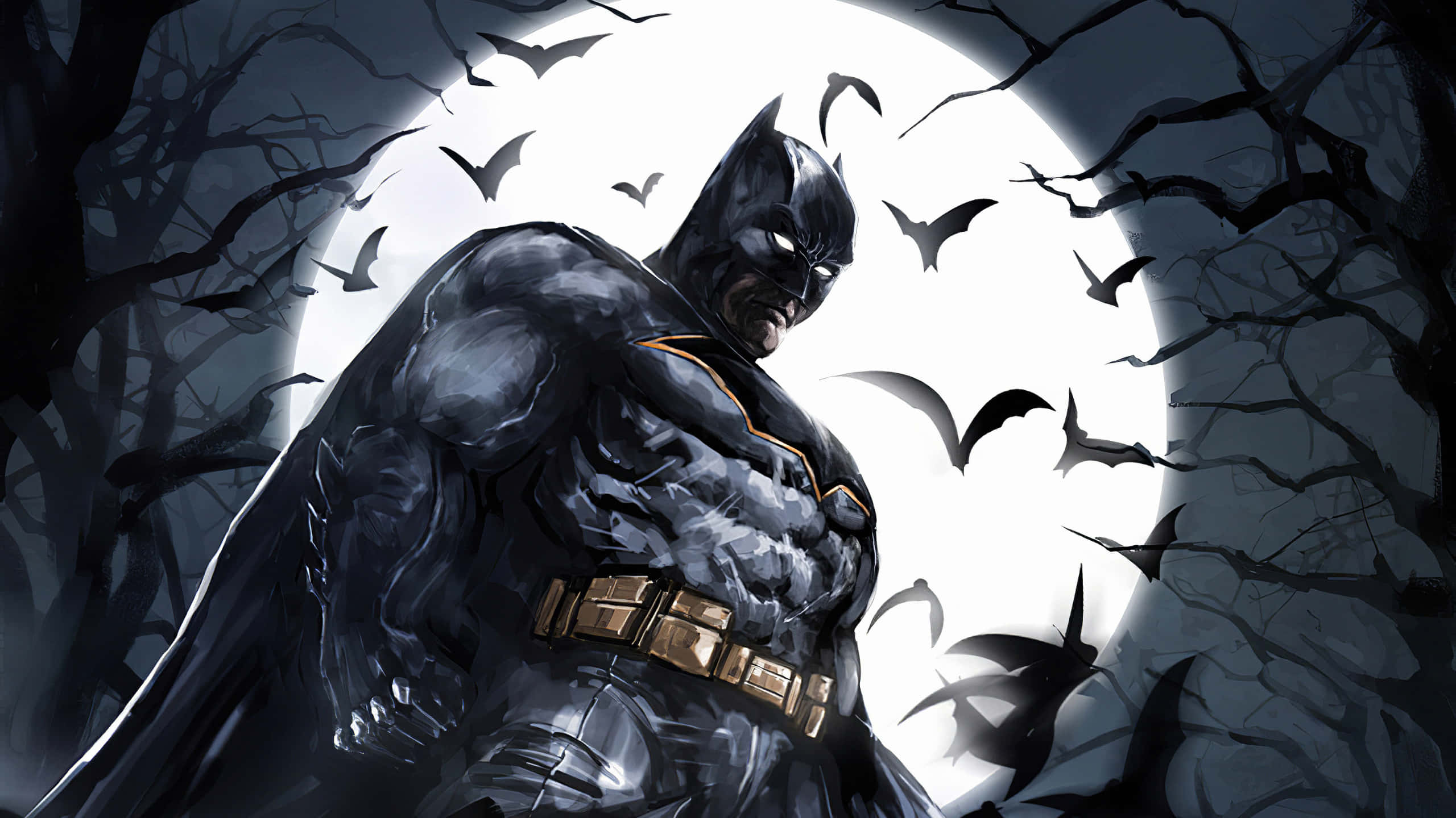 Batman, full moon, flying bats, 2K Desktop Wallpaper