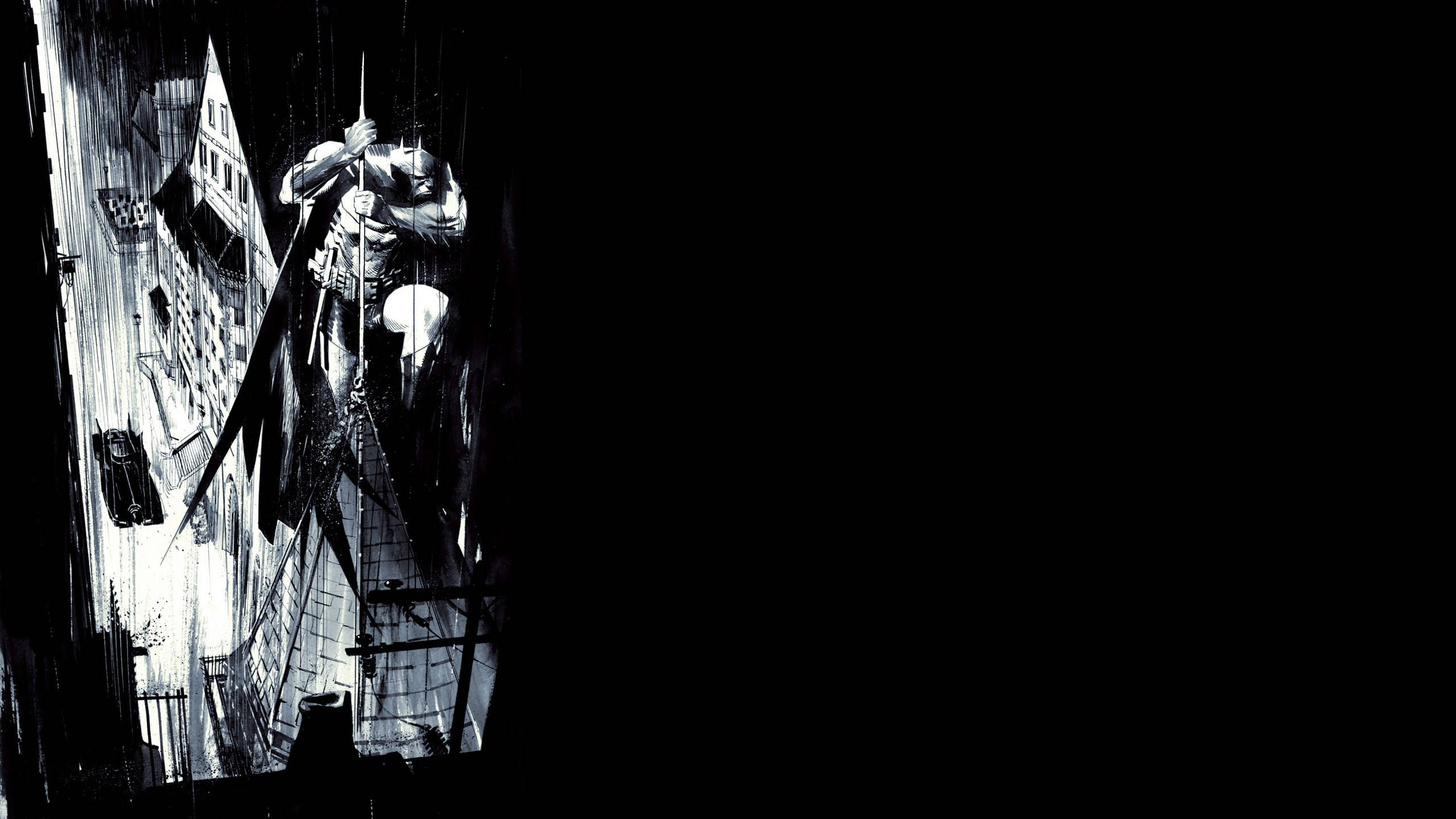 Batman, rain-slicked rooftop, stark black cityscape, 2K Desktop Wallpaper