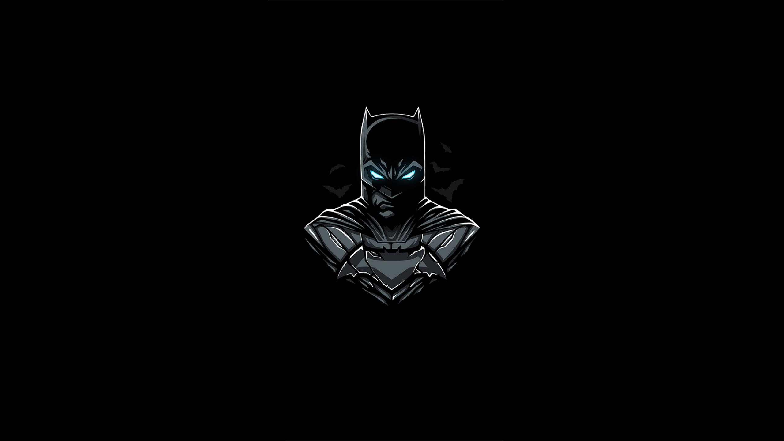 Batman, glowing blue eyes, pure black background, 2K Desktop Wallpaper