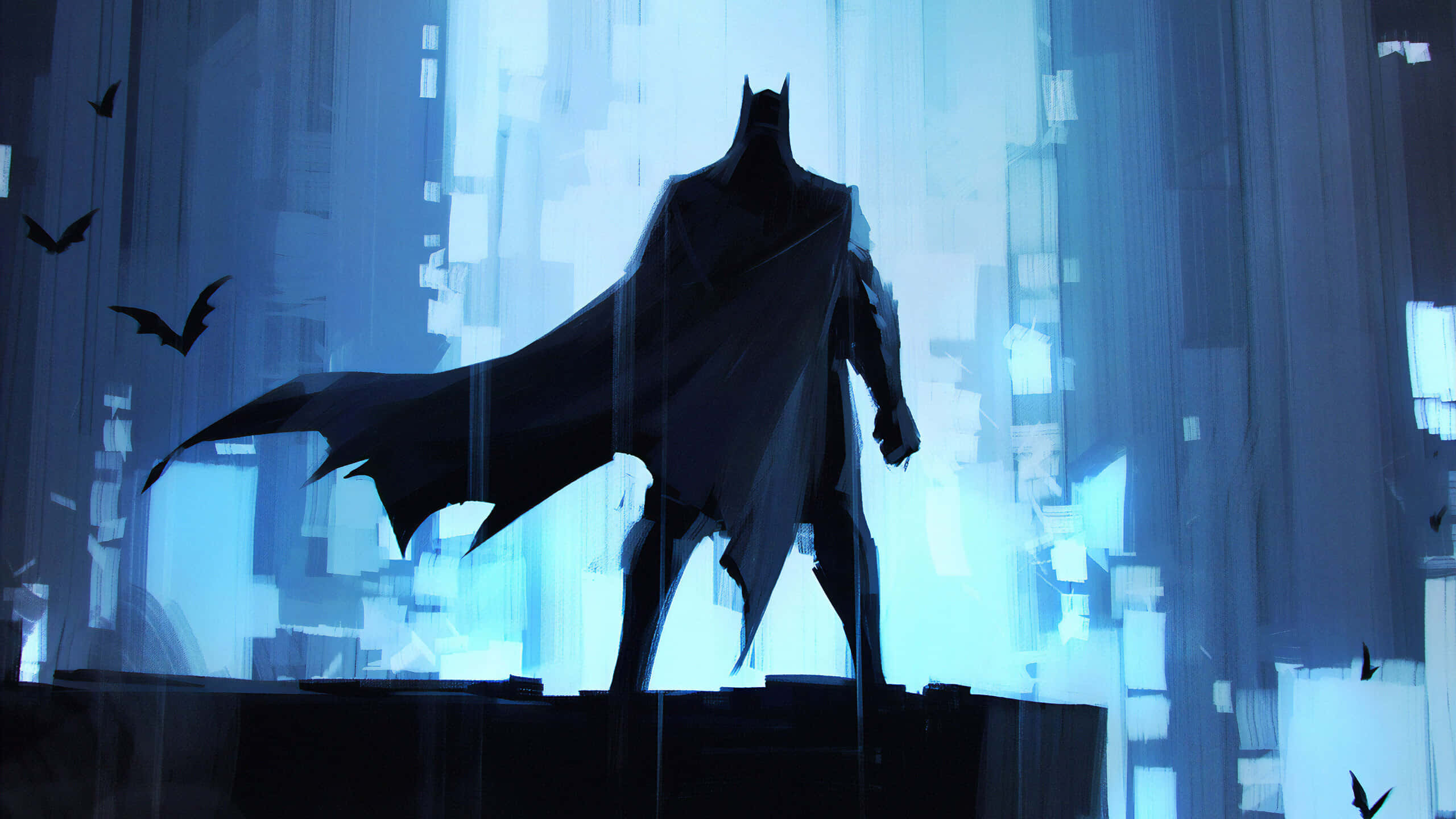 Batman, glowing blue cityscape, bats flying, 2K Desktop Wallpaper