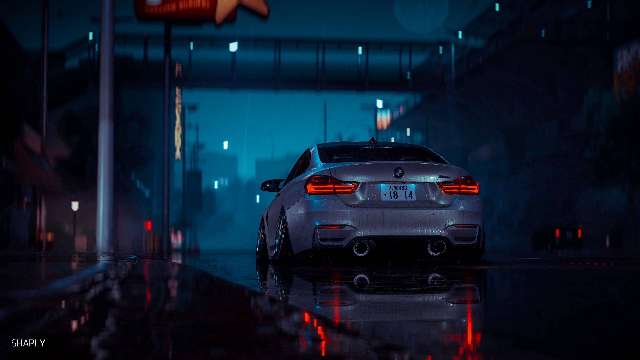 2560 X 1440 Car, silver BMW sedan, rainy neon-drenched urban street, 2K Desktop Wallpaper
