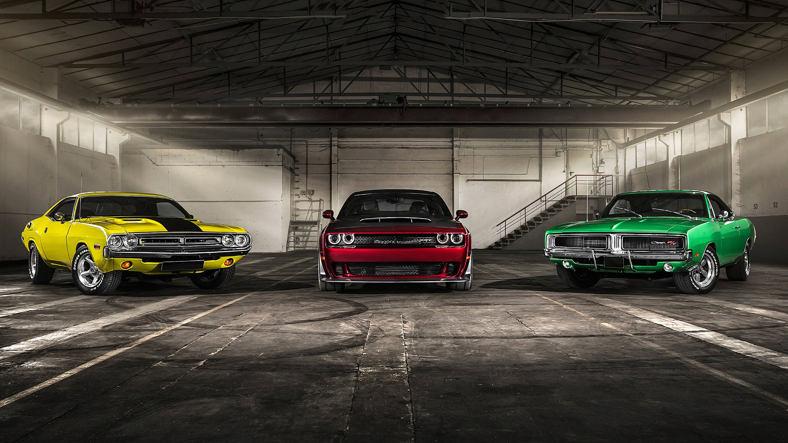 2560 X 1440 Cars American Muscle, classic muscle cars, yellow red and green, 2K Desktop Wallpaper