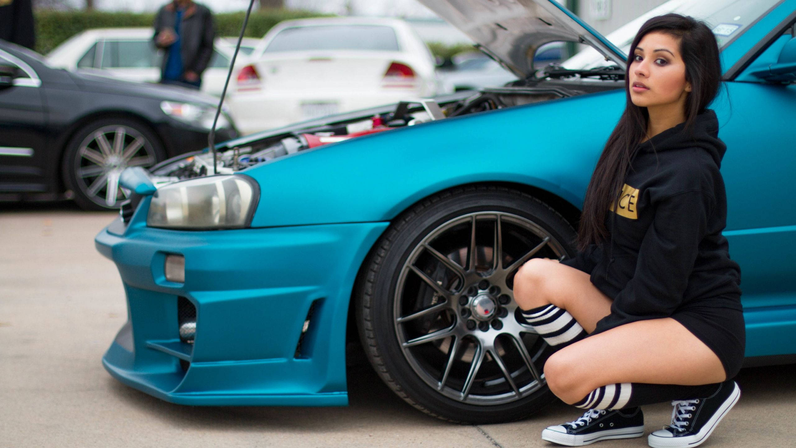black hoodie, vibrant blue modified sports car, hood open, 2K Desktop Wallpaper