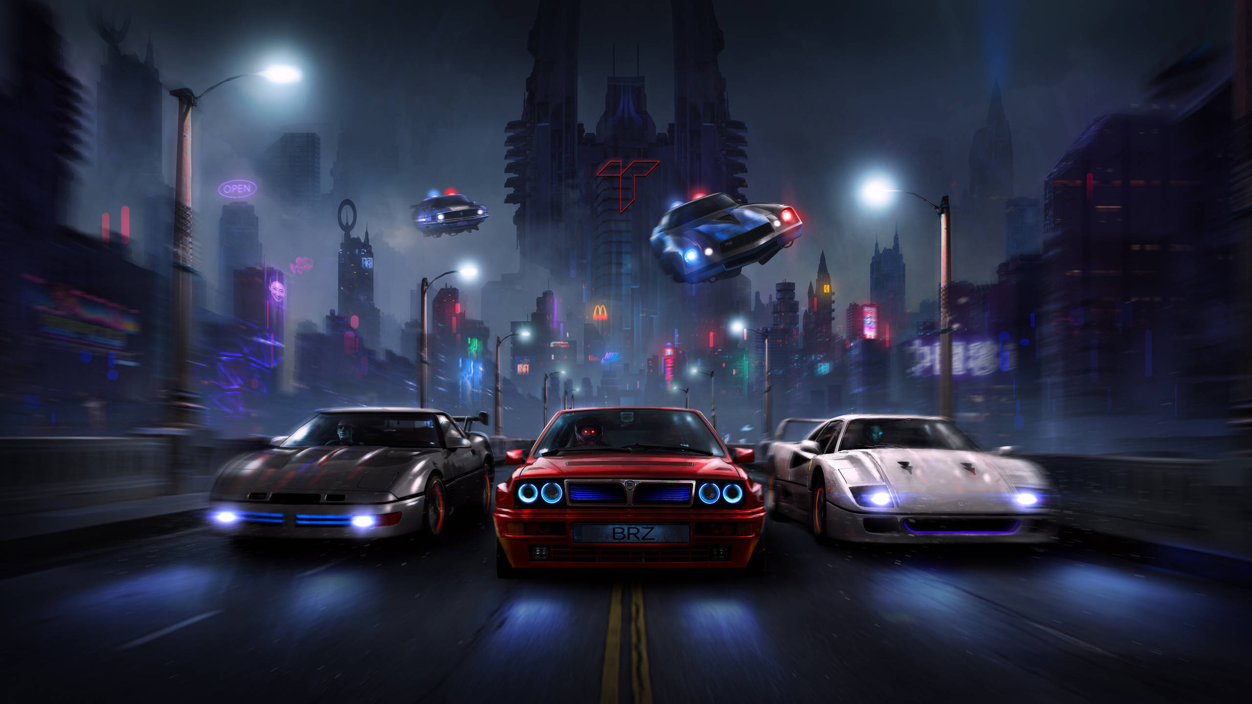 2560 X 1440 Cars Night Chase, neon-lit cyberpunk city, futuristic sports cars, 2K Desktop Wallpaper