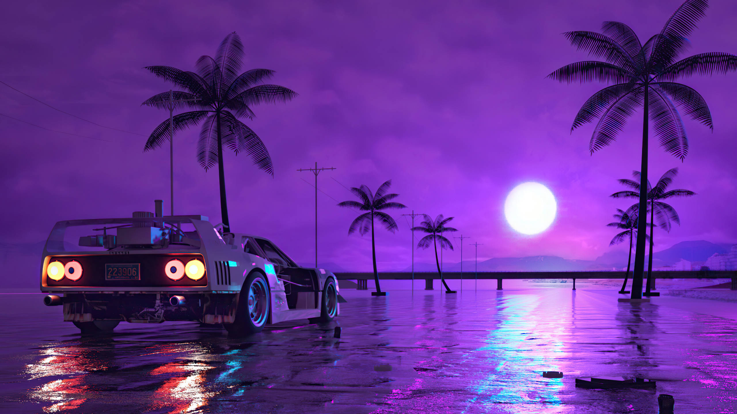 futuristic sports car, neon purple sunset, palm trees, 2K Desktop Wallpaper