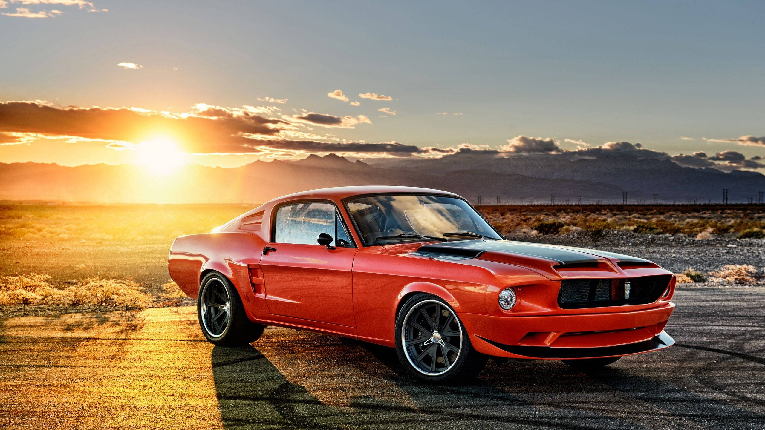 1968 Ford Mustang, red, golden sunset, 2K Desktop Wallpaper
