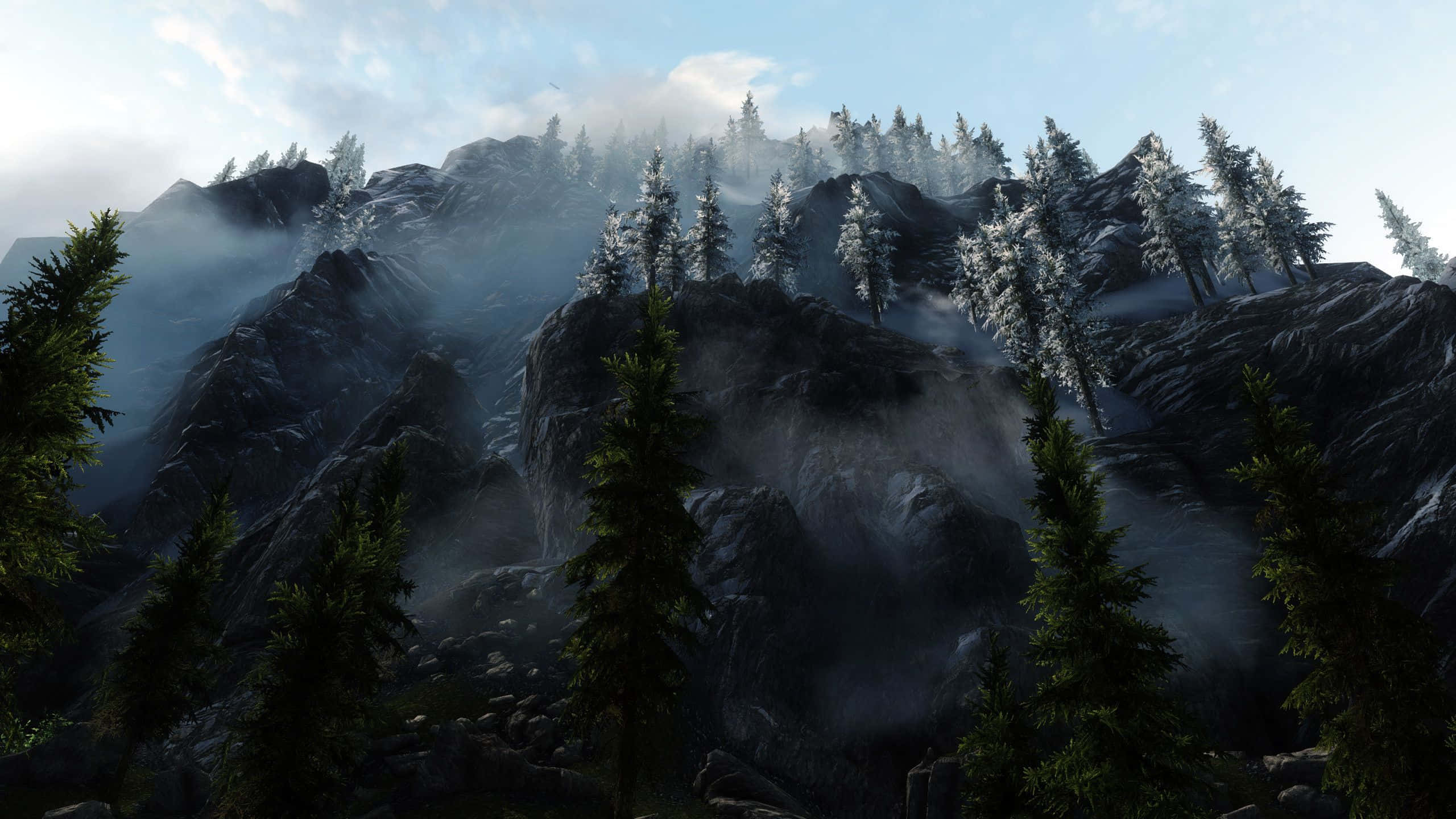 2560 X 1440, Skyrim, foggy mountain, 2K Desktop Wallpaper