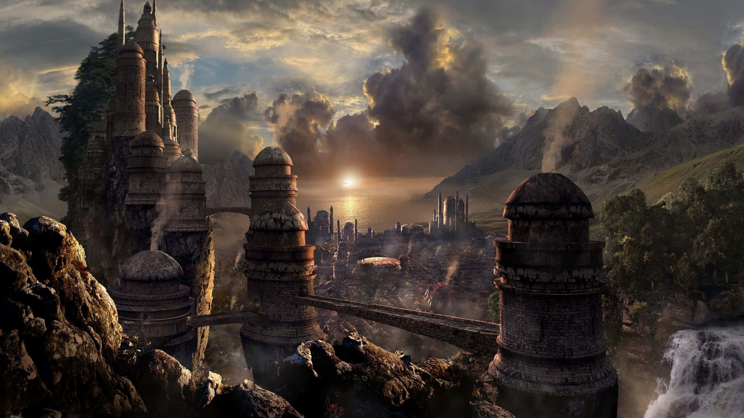 Skyrim, fantasy castle, cliffs, 2K Desktop Wallpaper