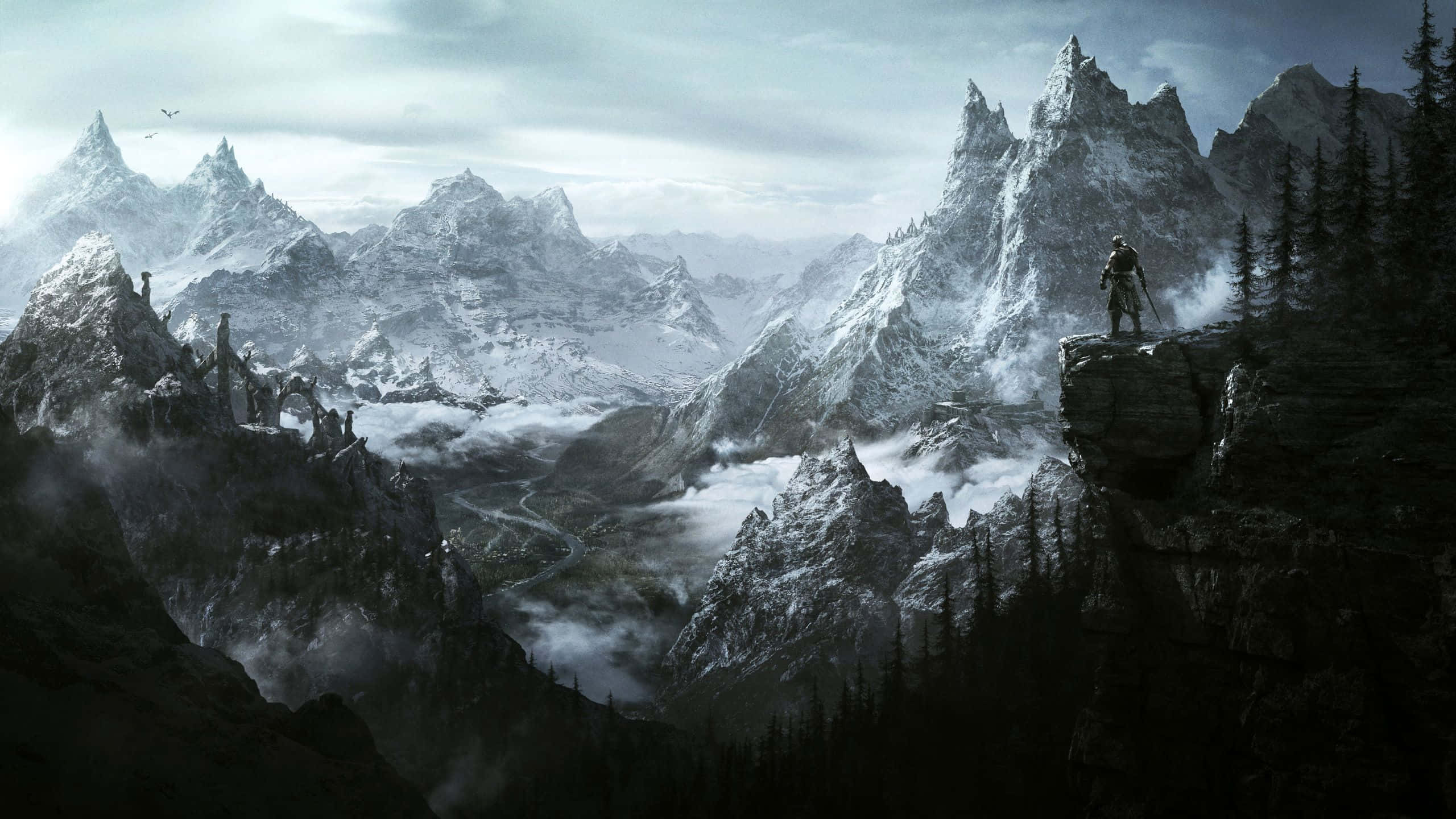 2560 X 1440, Skyrim, snowy mountain, 2K Desktop Wallpaper