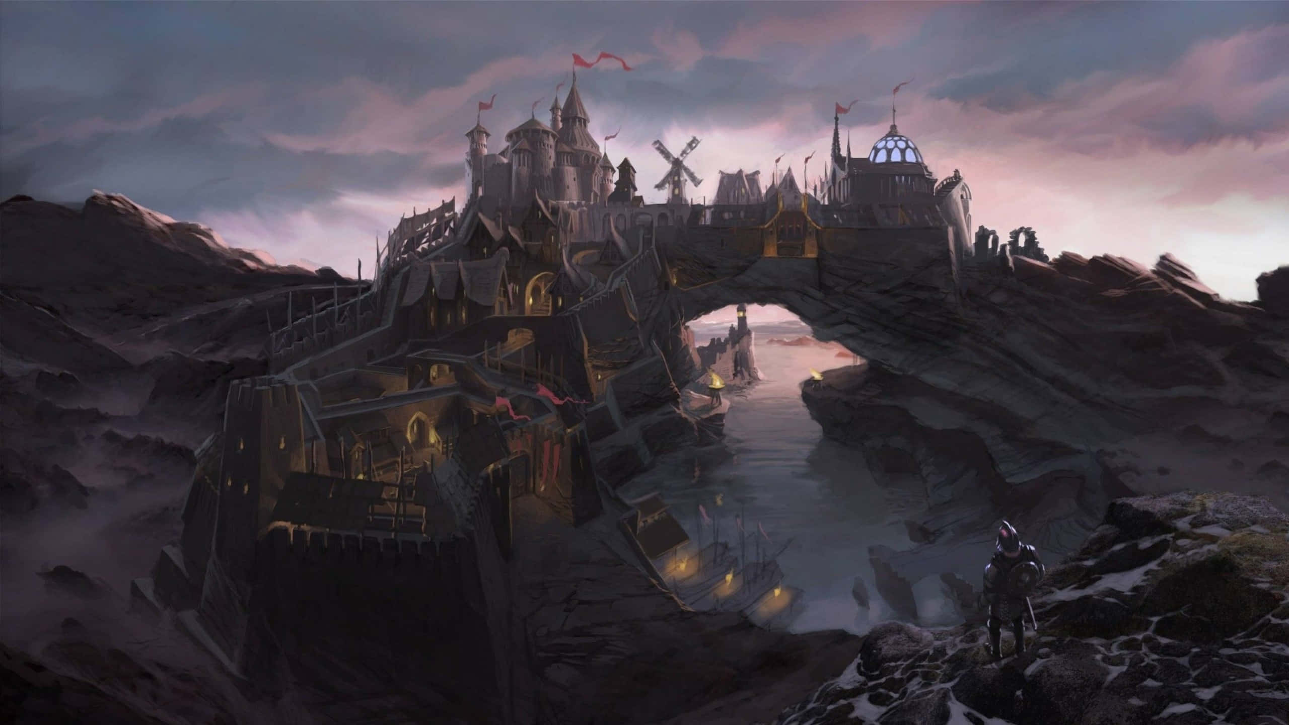 Skyrim, lone knight, grand stone castle, 2K Desktop Wallpaper