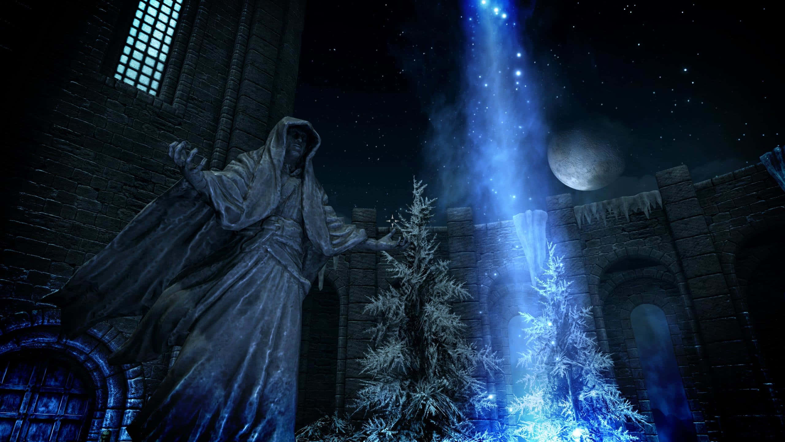 Skyrim, hooded figure, glowing blue tree, 2K Desktop Wallpaper