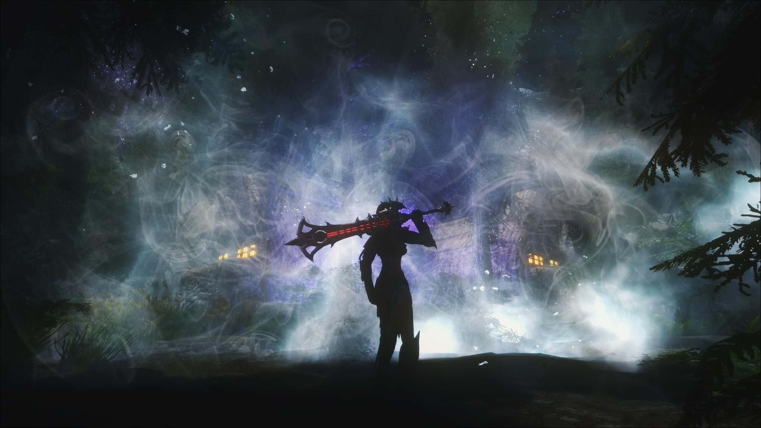 Skyrim, warrior silhouette, glowing red weapon, 2K Desktop Wallpaper