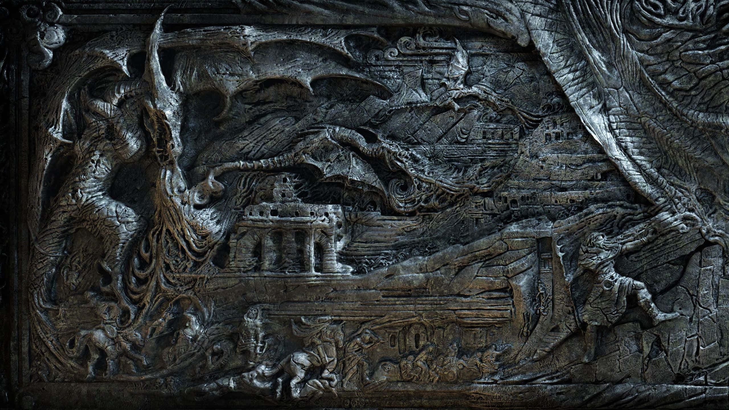 Skyrim, dark wood relief carving, mythical creatures, 2K Desktop Wallpaper