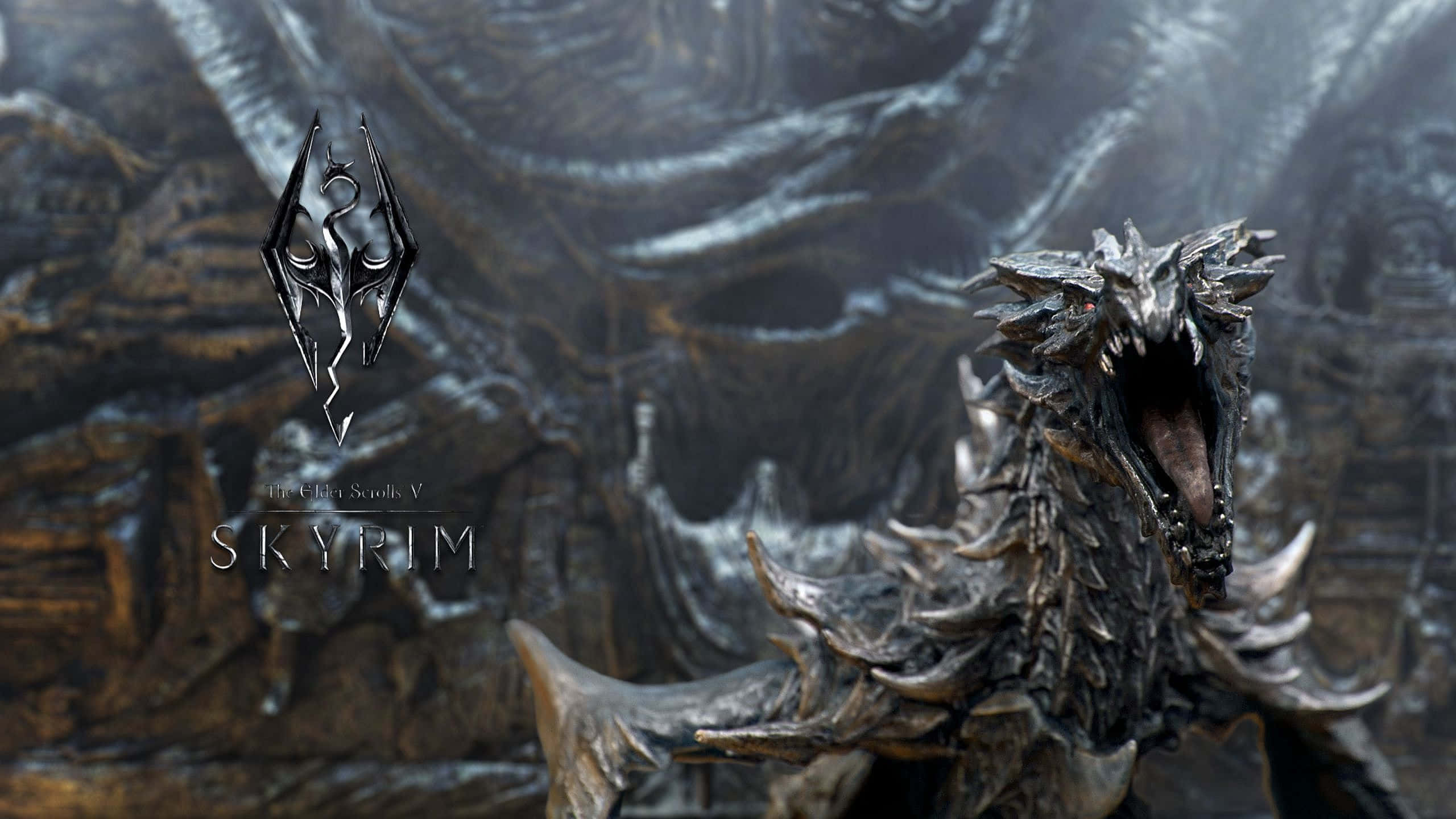 Skyrim, metallic dragon statue, dark cavernous setting, 2K Desktop Wallpaper