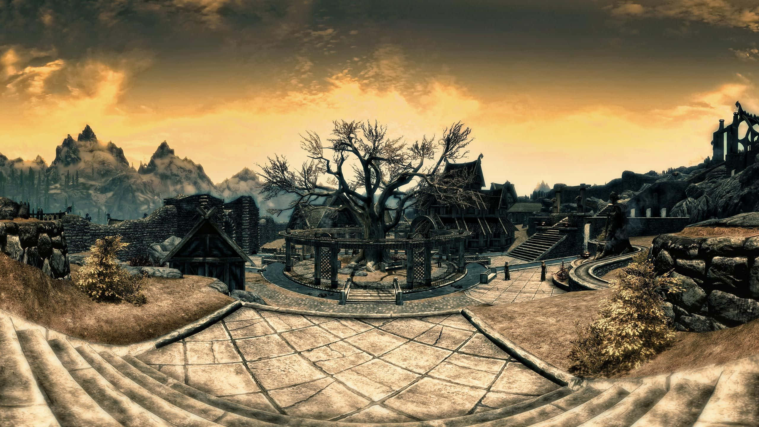Skyrim, stone buildings, bare tree, 2K Desktop Wallpaper
