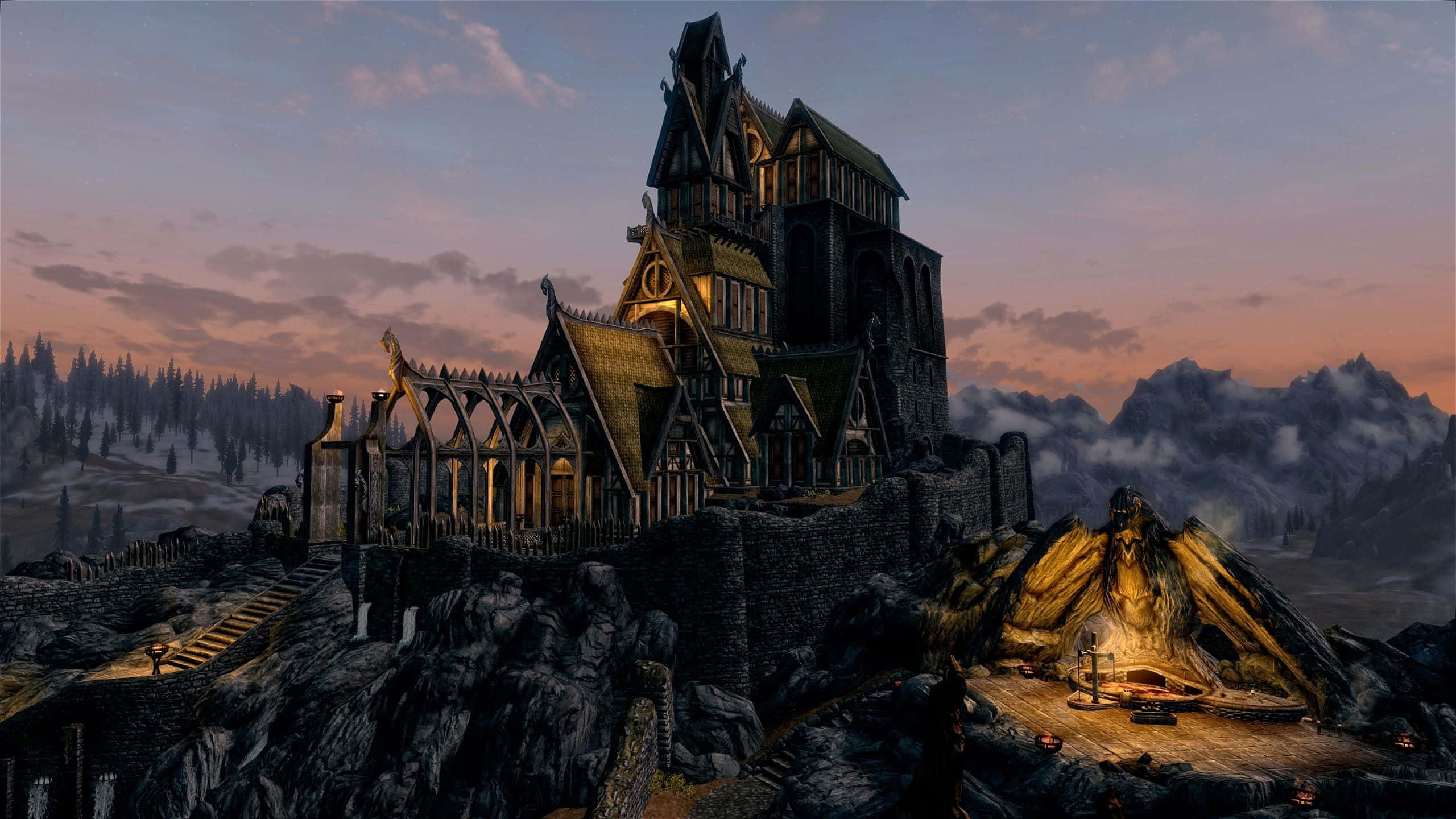 Skyrim, gothic castle, rocky cliff, 2K Desktop Wallpaper