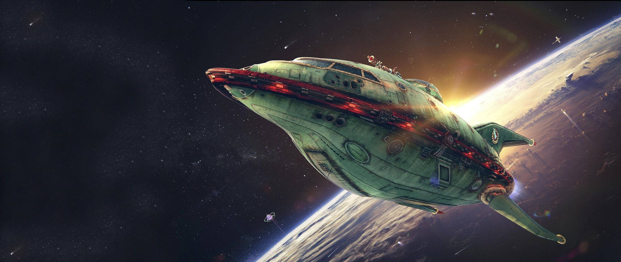 green spaceship, glowing red accents, planet at sunset, 2K Desktop Wallpaper
