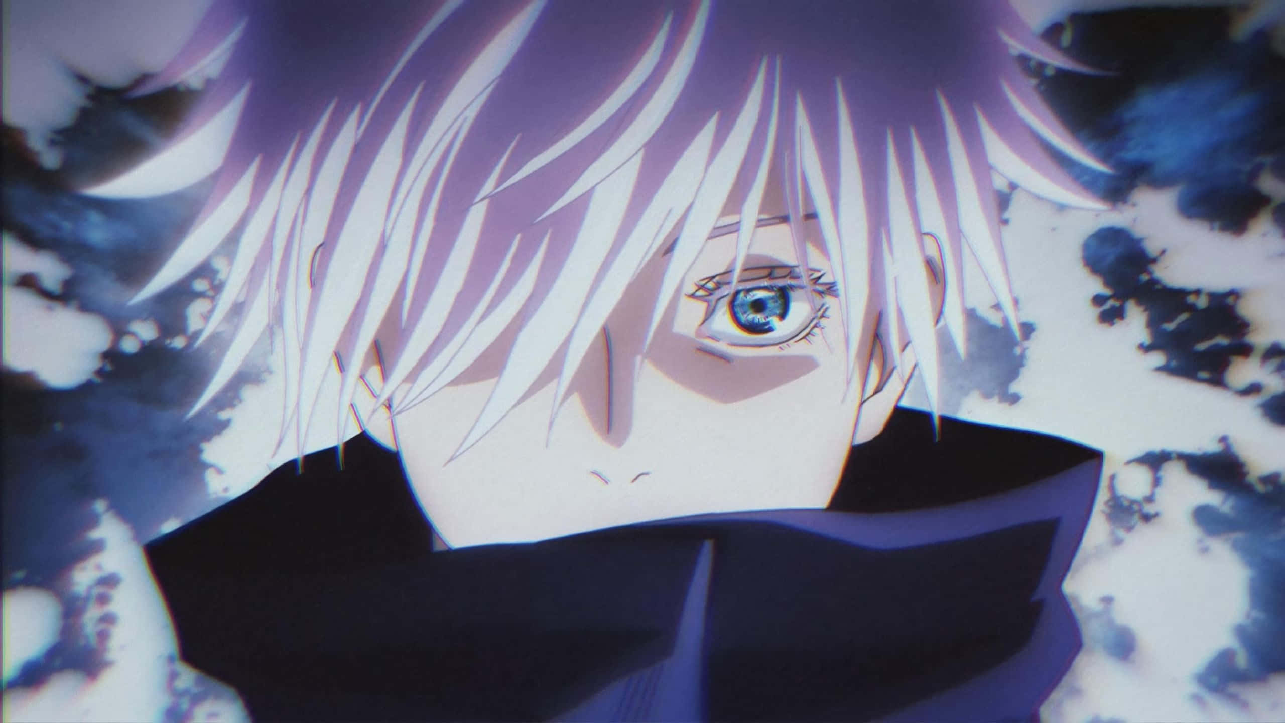 spiky white hair, piercing blue eyes, swirling purple and blue cloudy sky, 2K Desktop Wallpaper