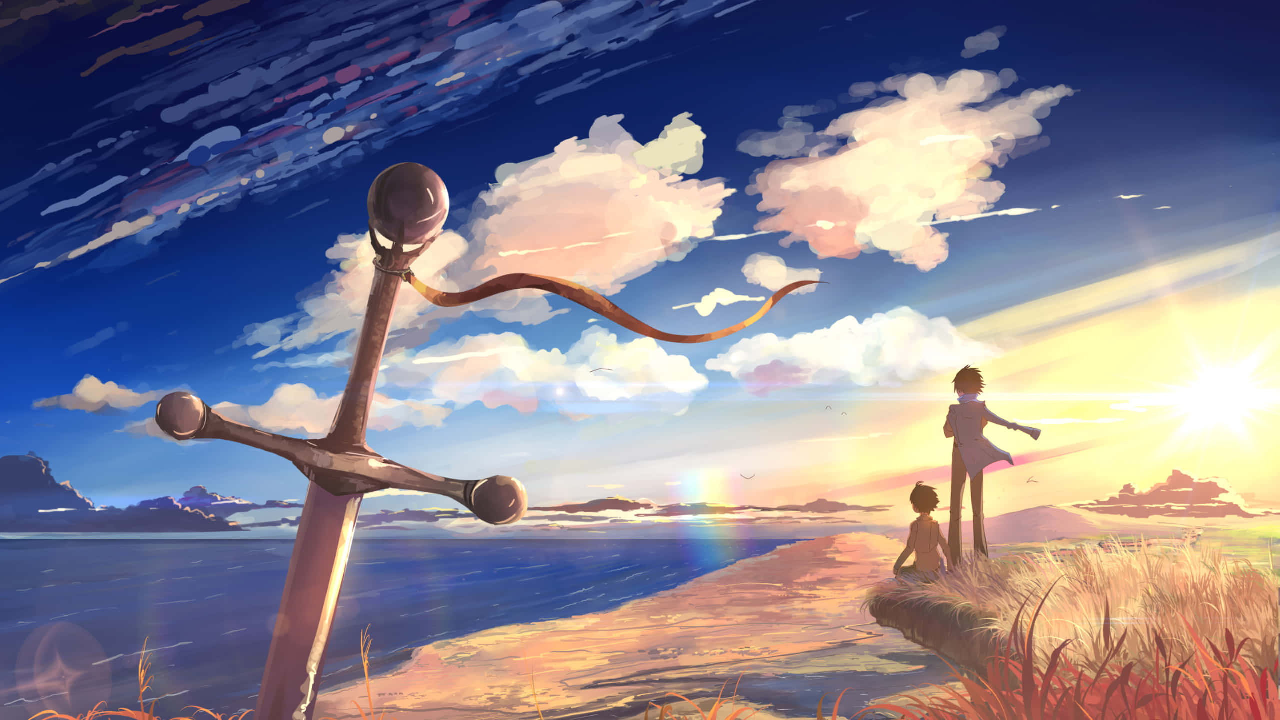 Sunset, Giant sword, Cliffside, 2K Desktop Wallpaper