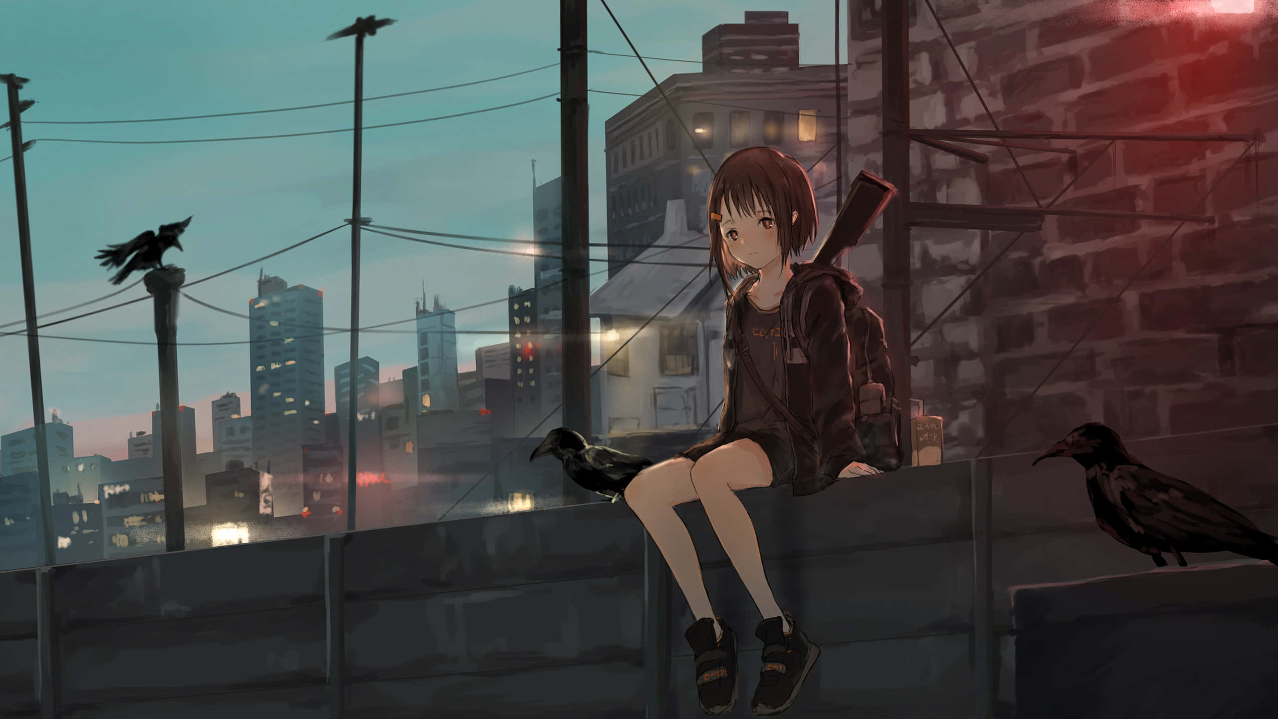 dusk, crows, young anime girl, 2K Desktop Wallpaper