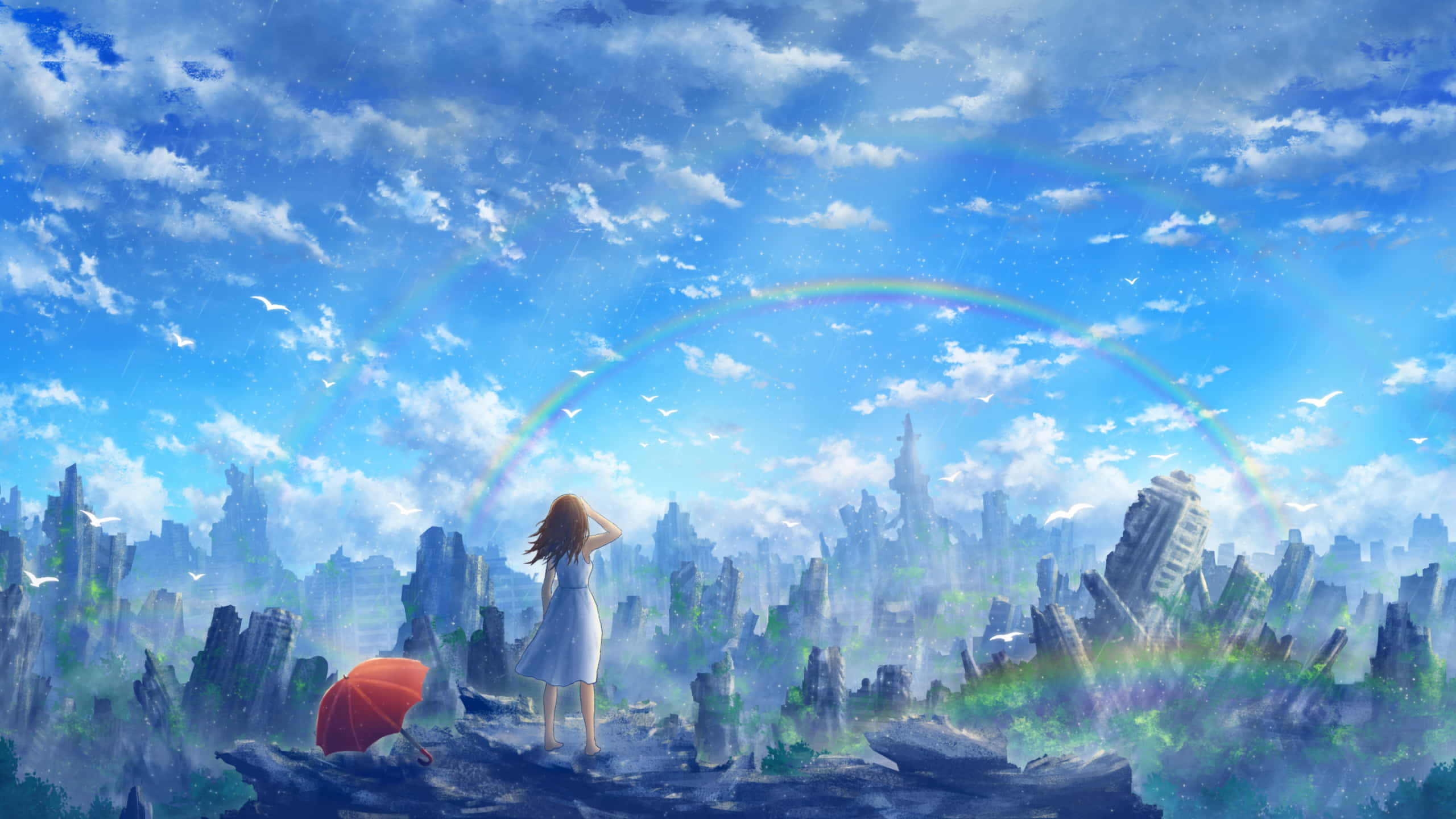 rainbow, ruins, cliff, 2K Desktop Wallpaper