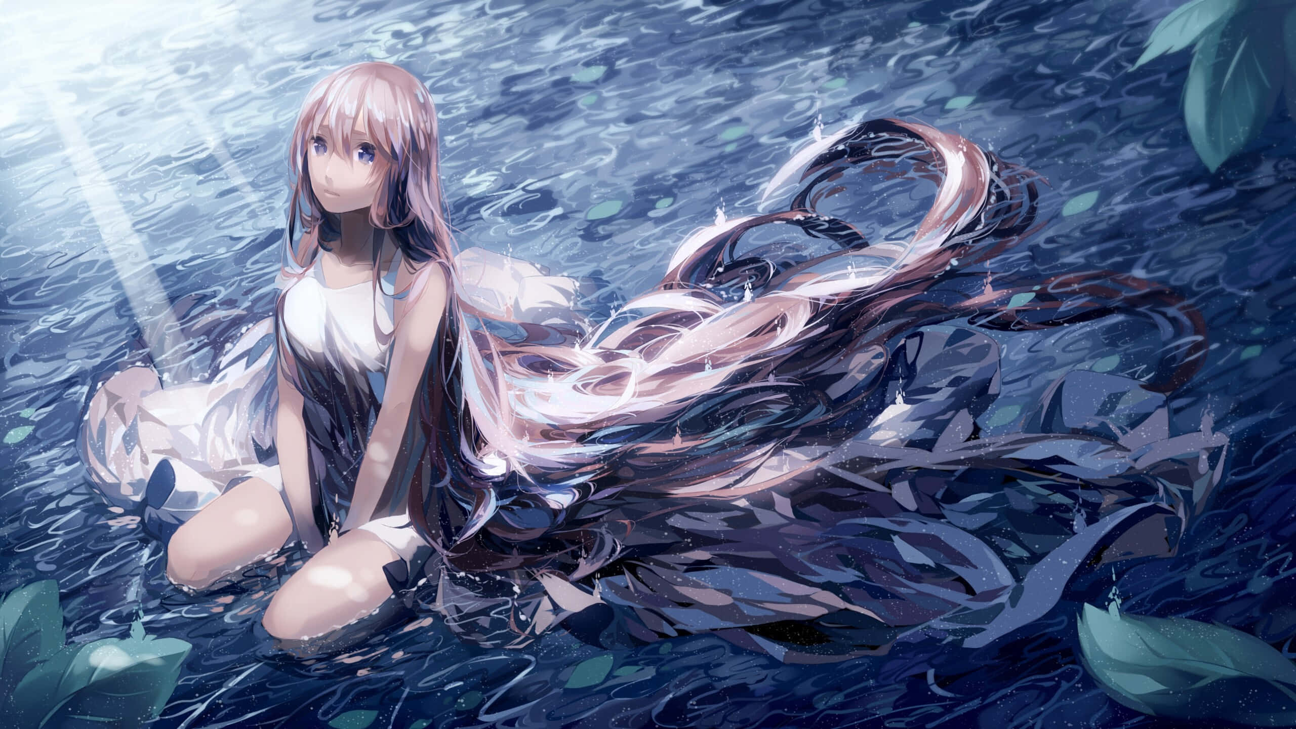 serene water nymph, anime girl, long flowing hair, 2K Desktop Wallpaper
