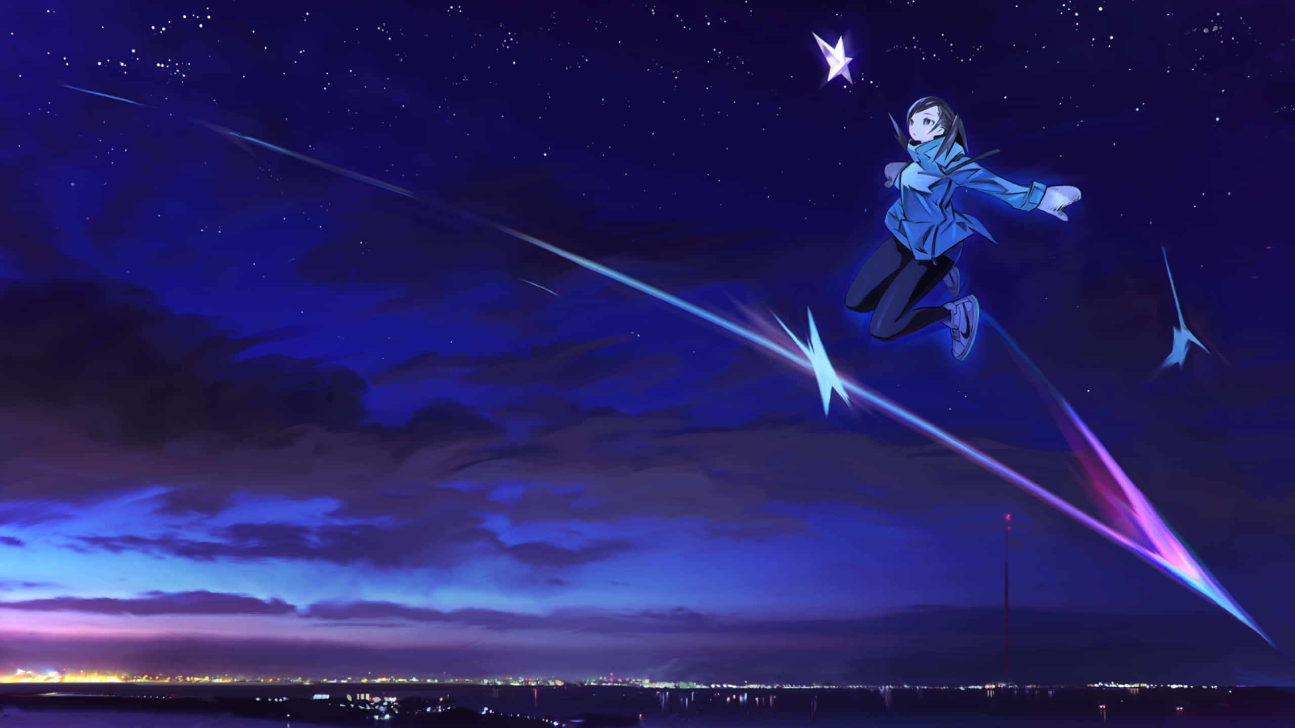 Starry Night Leap, anime girl, starry night sky, 2K Desktop Wallpaper