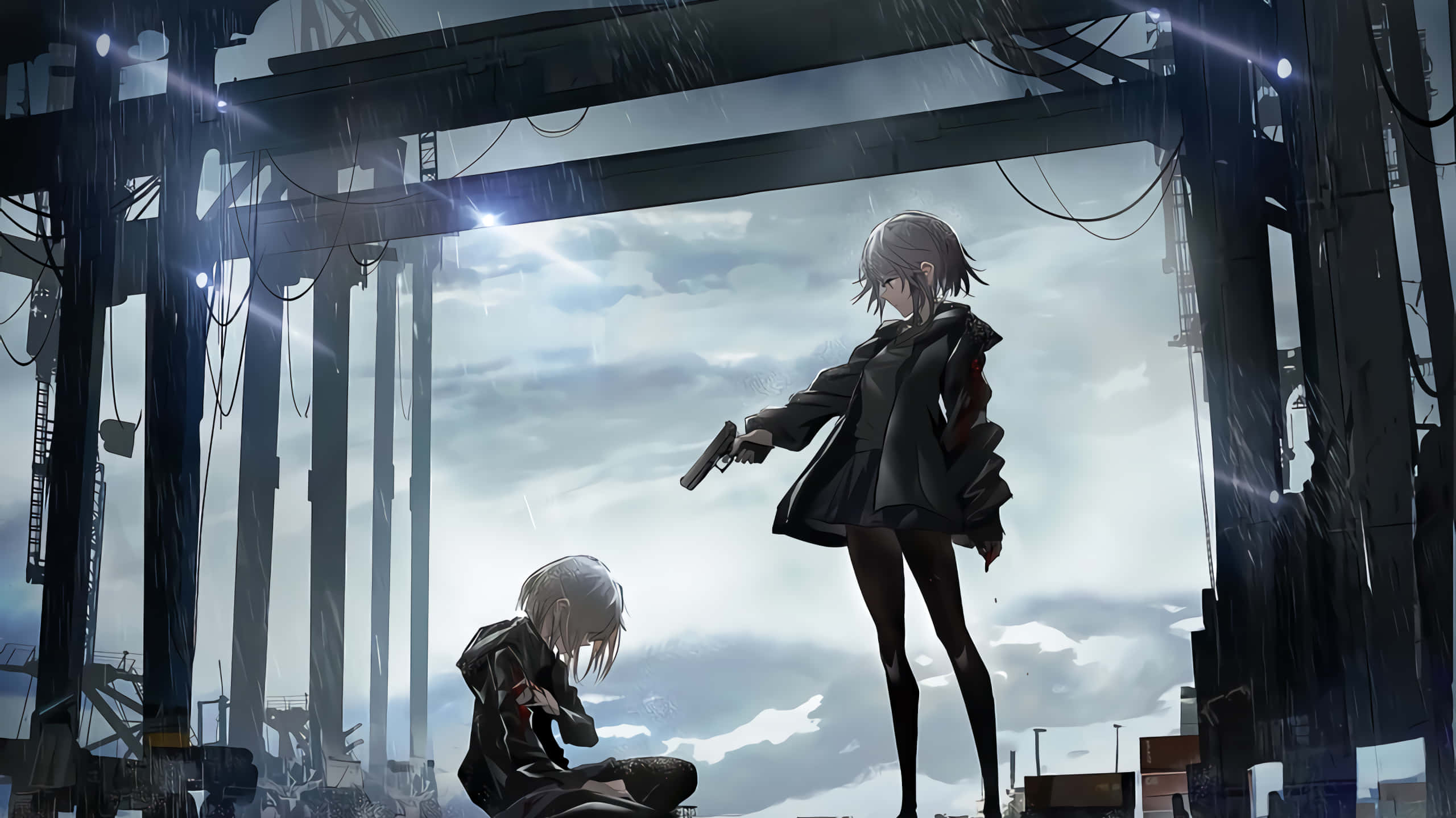 dystopian anime duo, 2560x1440, rain soaked anime girl, 2K Desktop Wallpaper