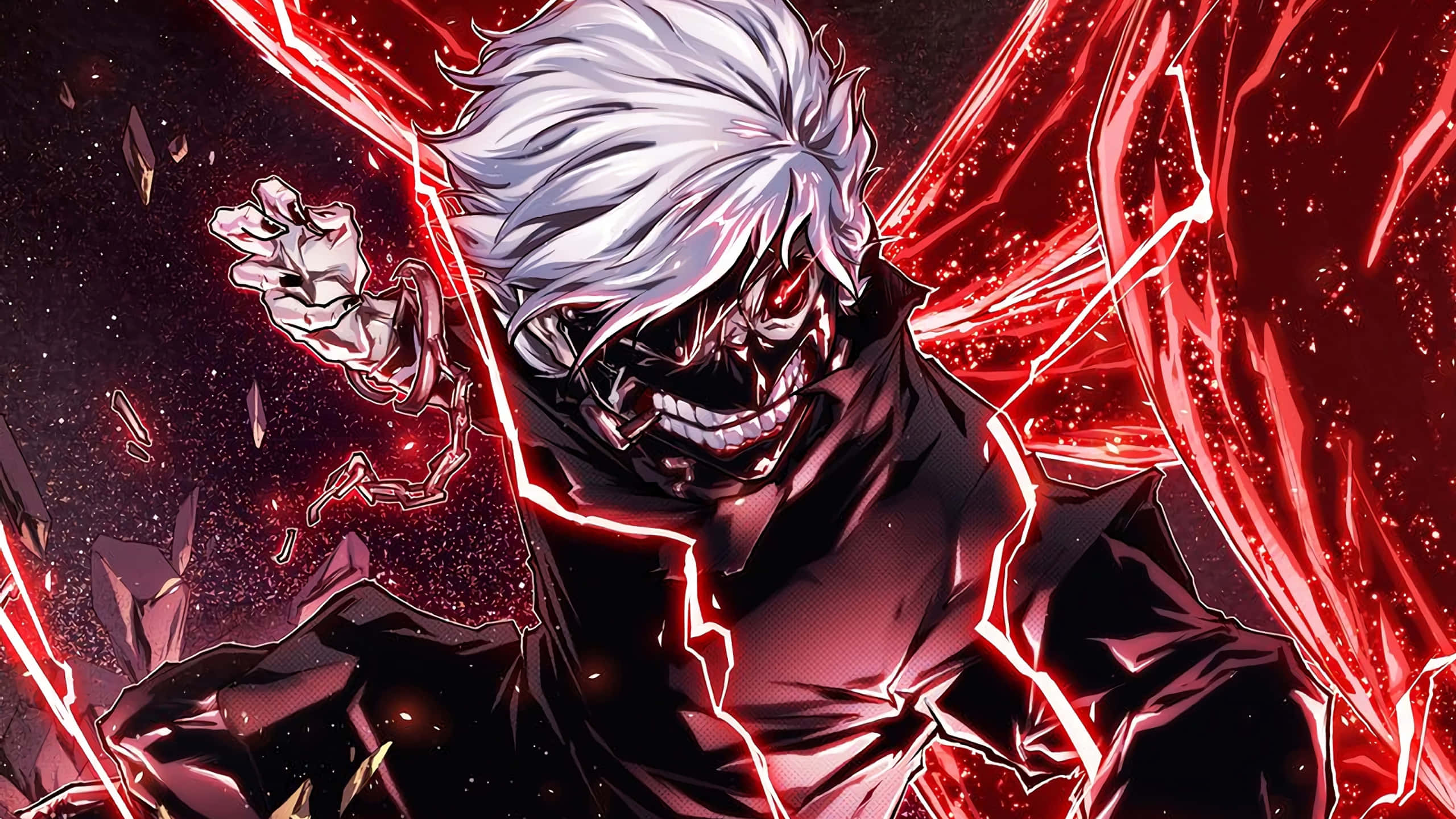 skeletal anime warrior, white hair, glowing red eyes, 2K Desktop Wallpaper