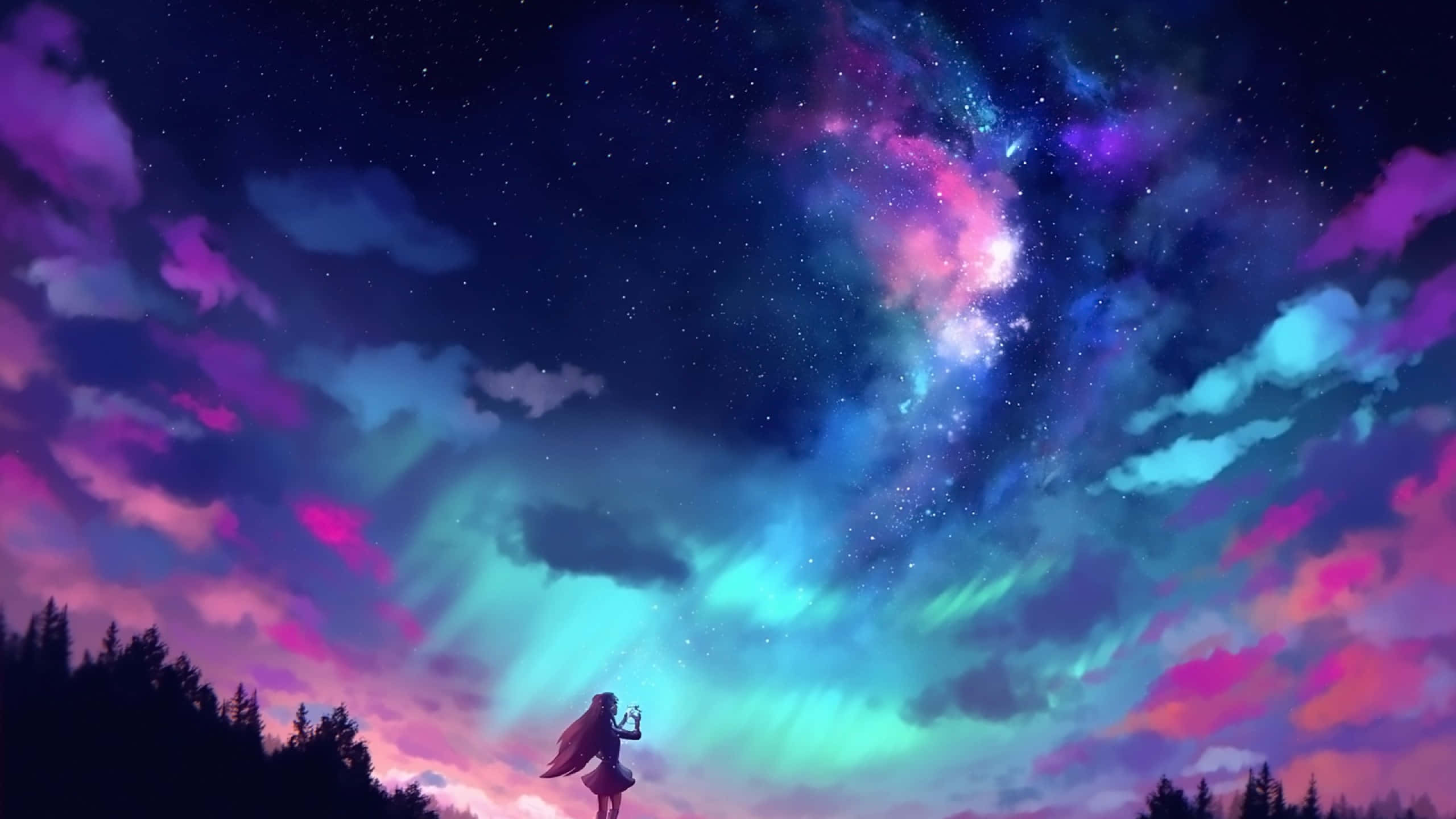 starry night sky, anime scenery, forested hill, 2K Desktop Wallpaper