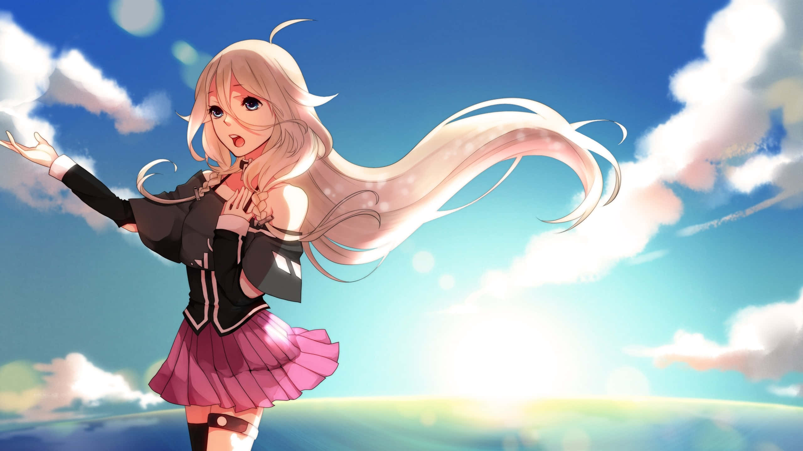 blissful sky anime girl, long flowing blonde hair, pink skirt, 2K Desktop Wallpaper