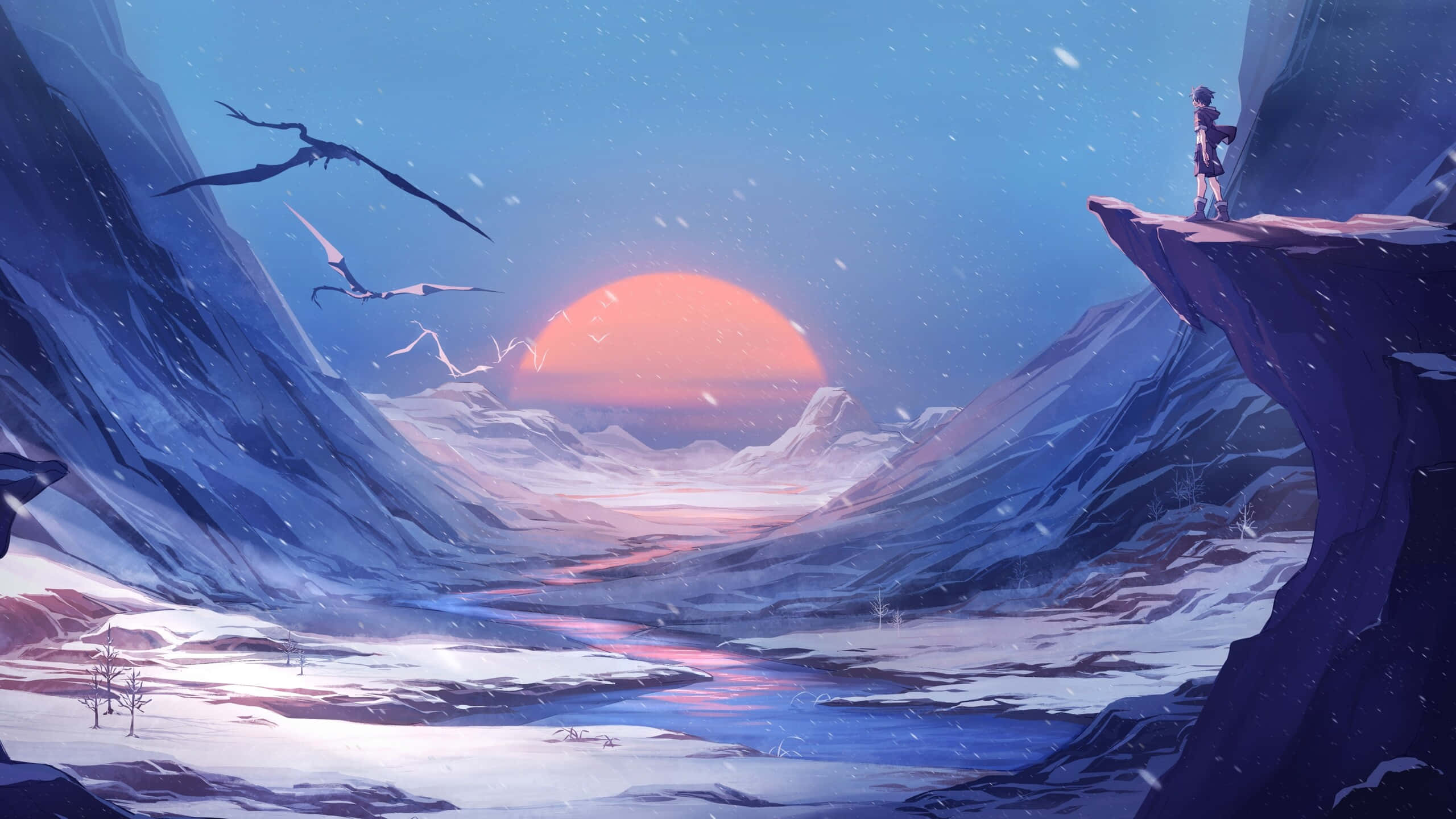sunset watcher, anime style, snowy cliff, 2K Desktop Wallpaper