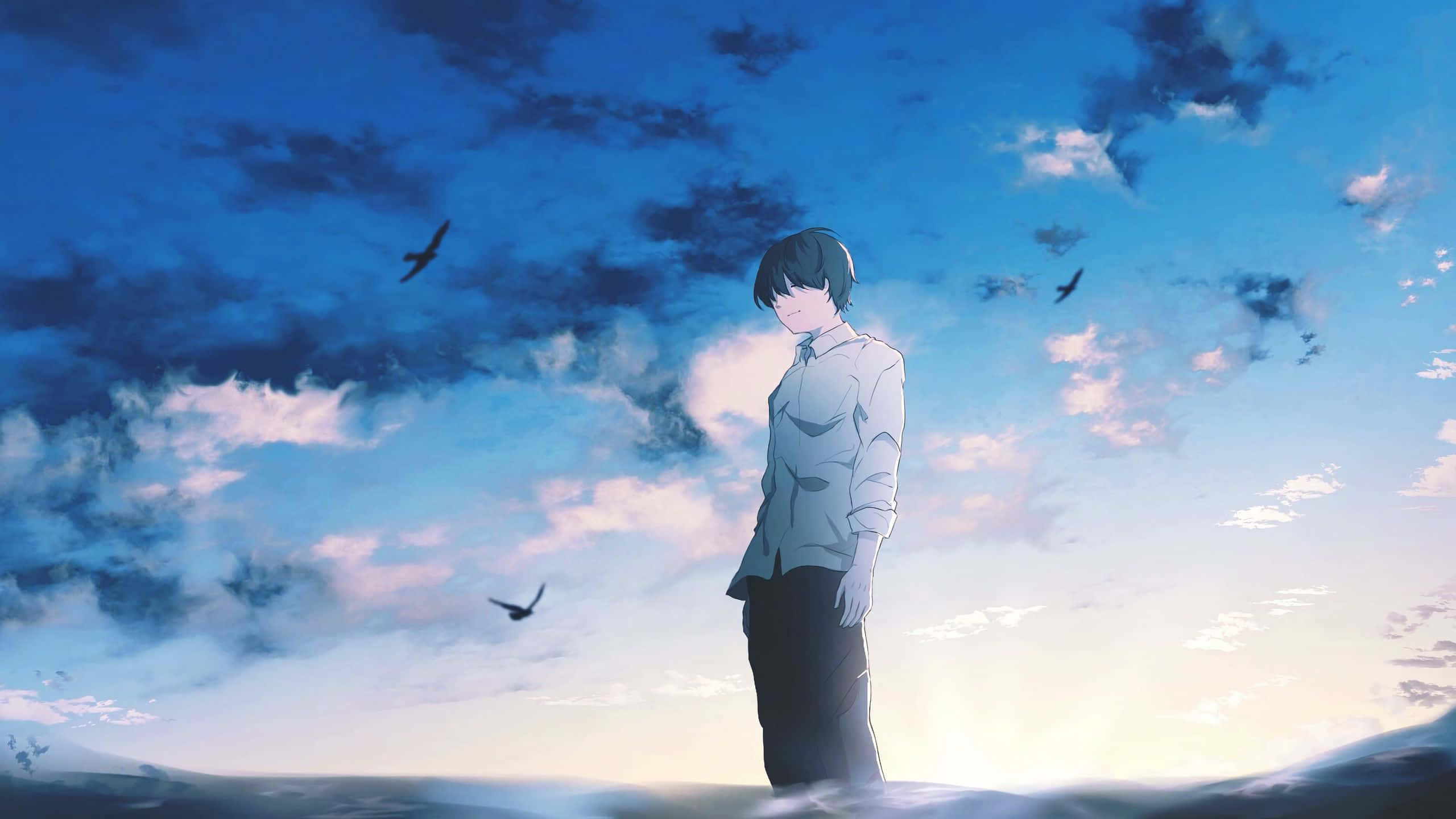 anime boy, misty horizon, vast blue sky, 2K Desktop Wallpaper