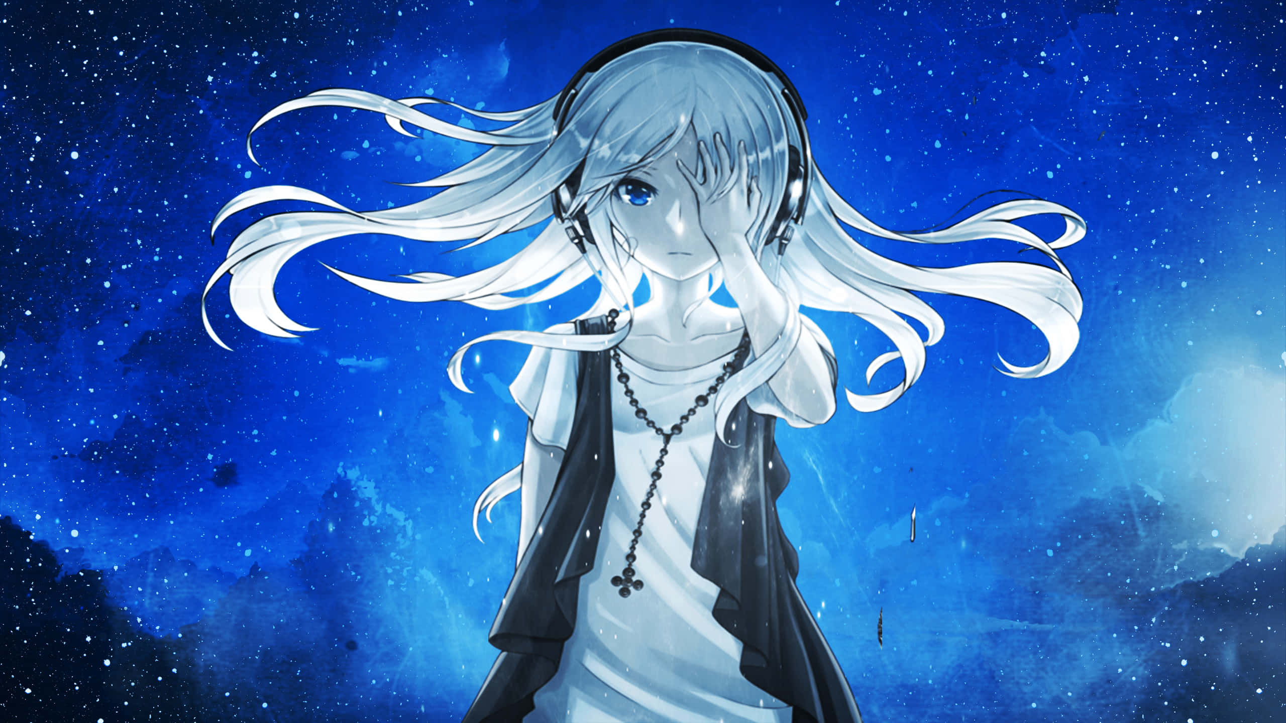 starry night, anime girl, silver-haired, 2K Desktop Wallpaper