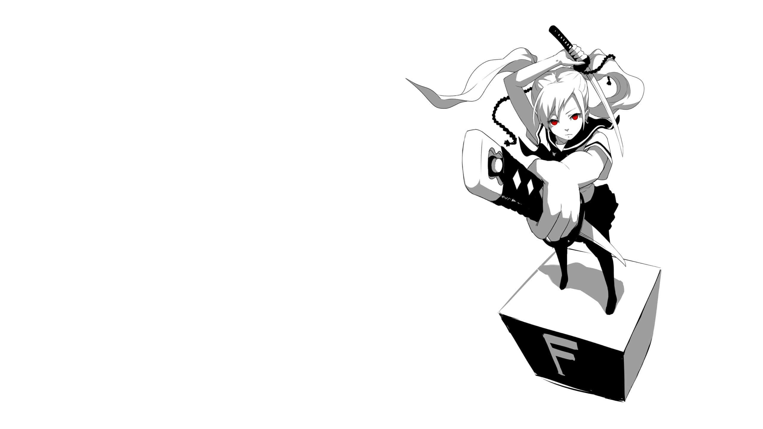 monochrome anime samurai girl, white hair, red eyes, 2K Desktop Wallpaper