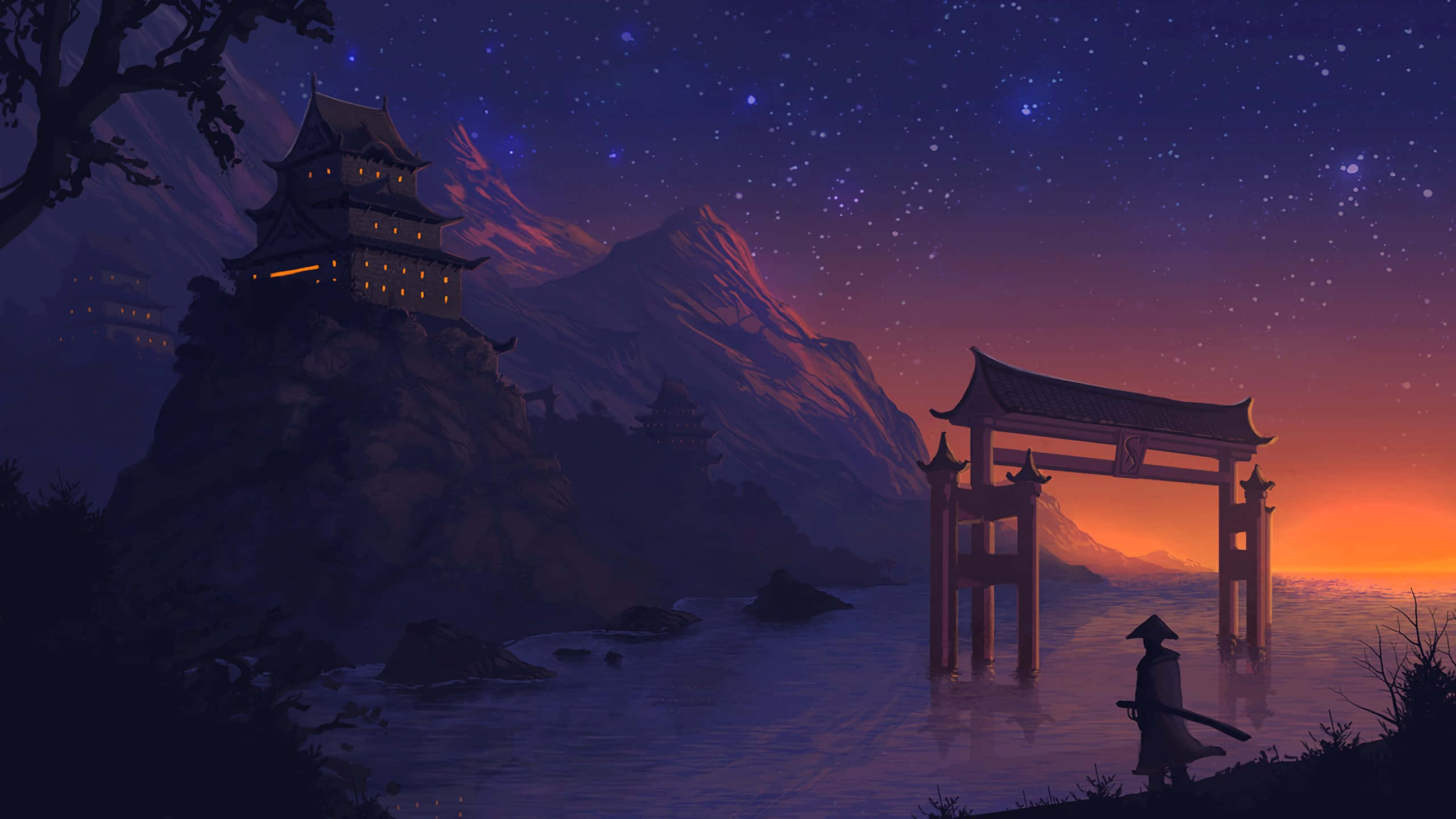 mystical mountain temple, samurai, glowing red torii gate, 2K Desktop Wallpaper