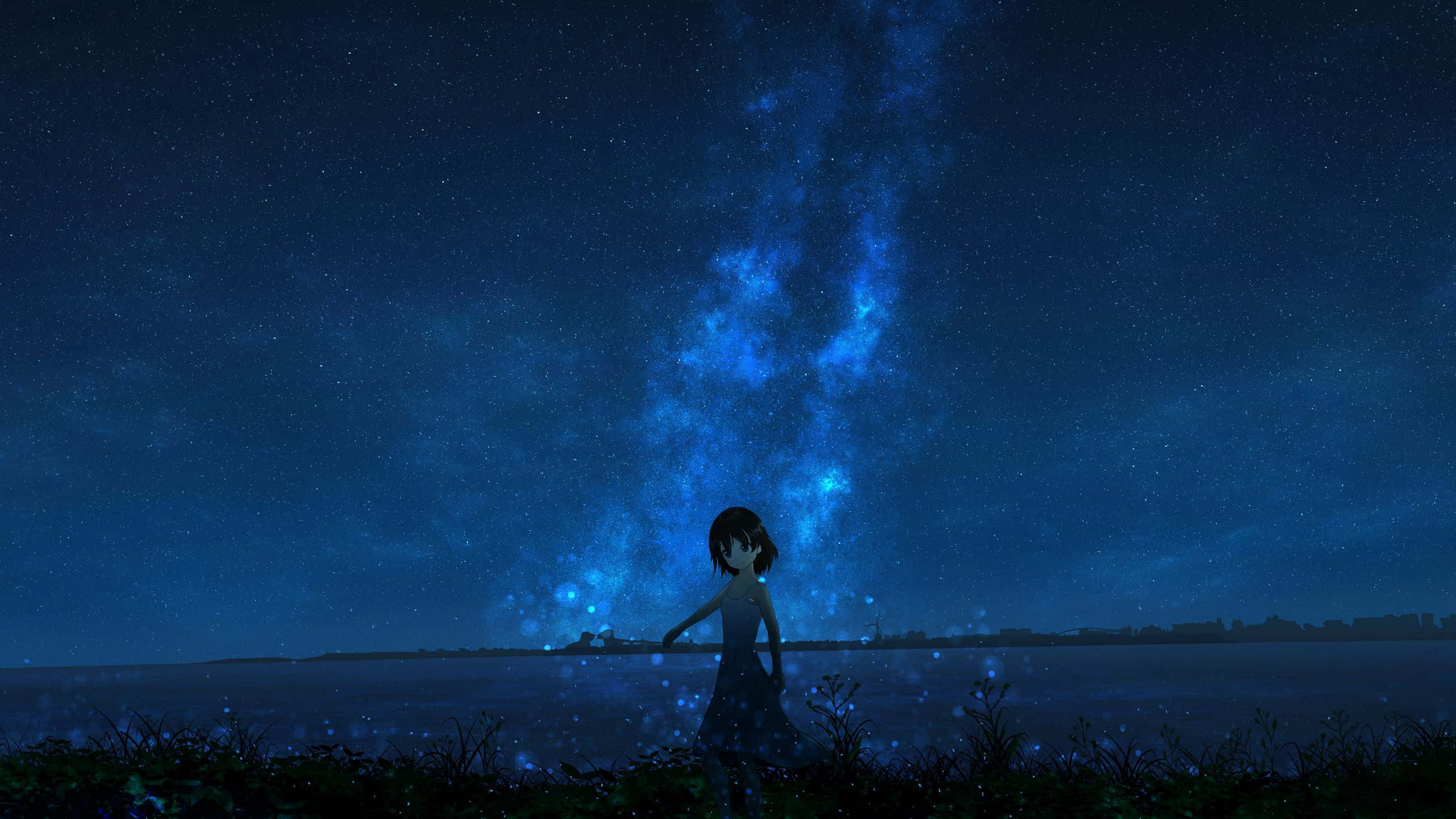 Starry Night Anime Girl, 2560x1440, vibrant blue starry sky, 2K Desktop Wallpaper