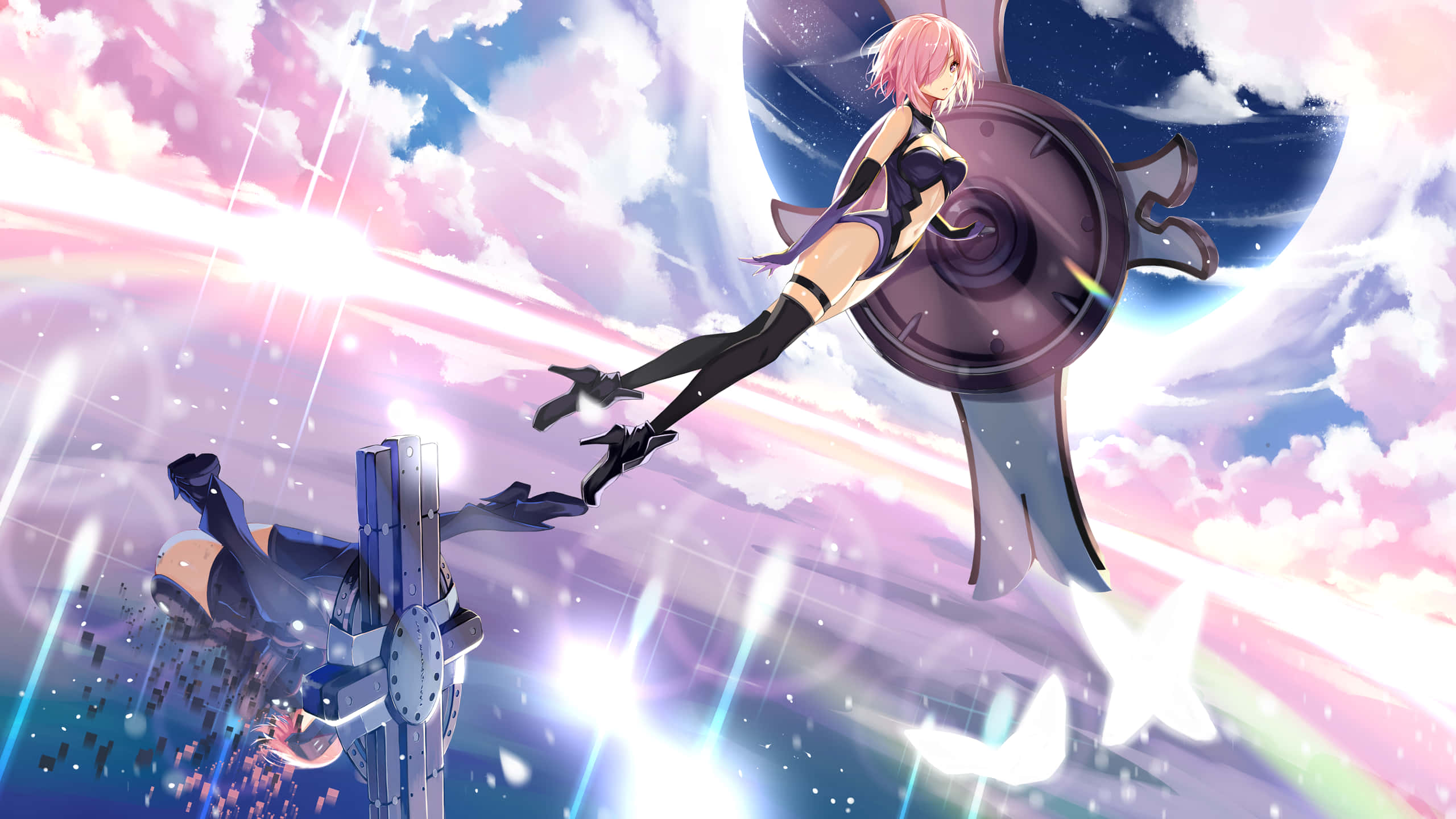 pink-haired anime girl, black gear, vibrant sky, 2K Desktop Wallpaper