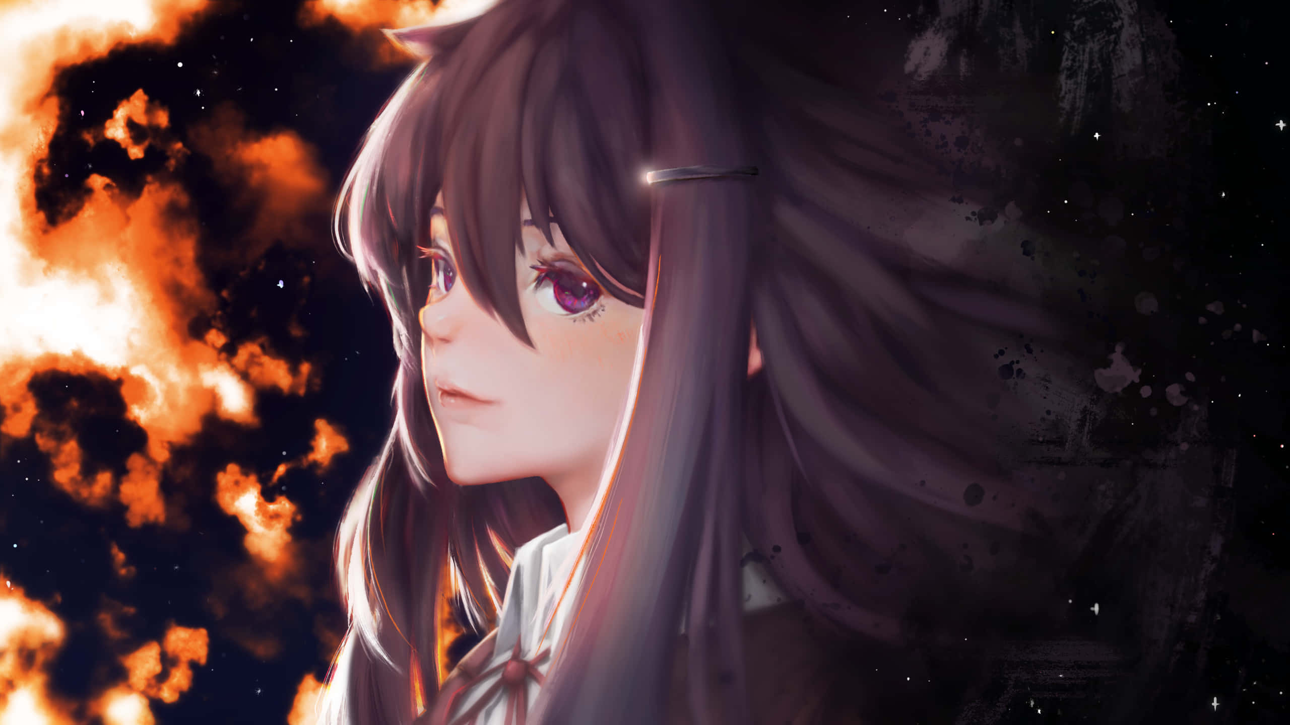 ethereal flames, anime girl, long dark hair, 2K Desktop Wallpaper