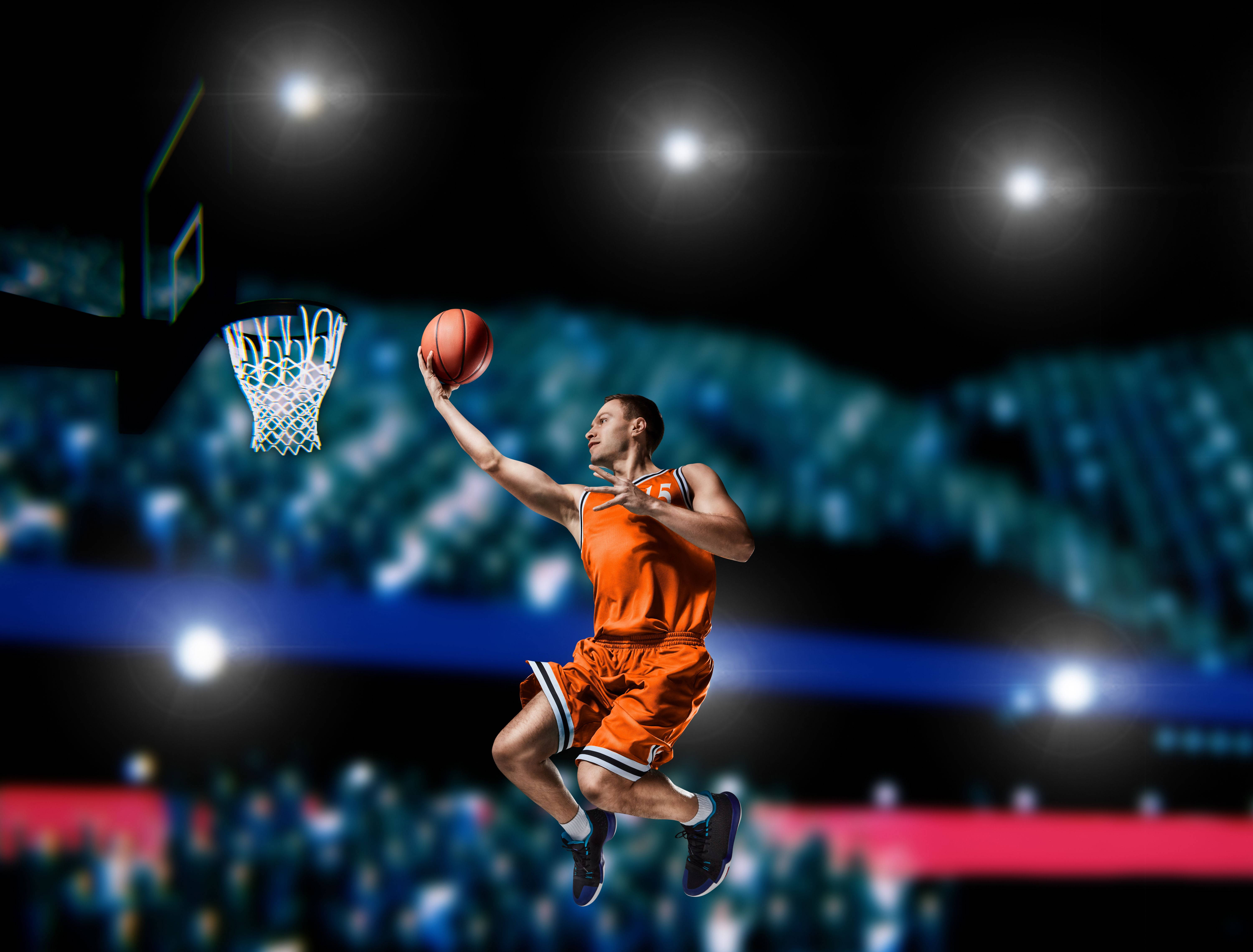 basketball player, orange jersey, dunk the ball, 5K Desktop Wallpaper