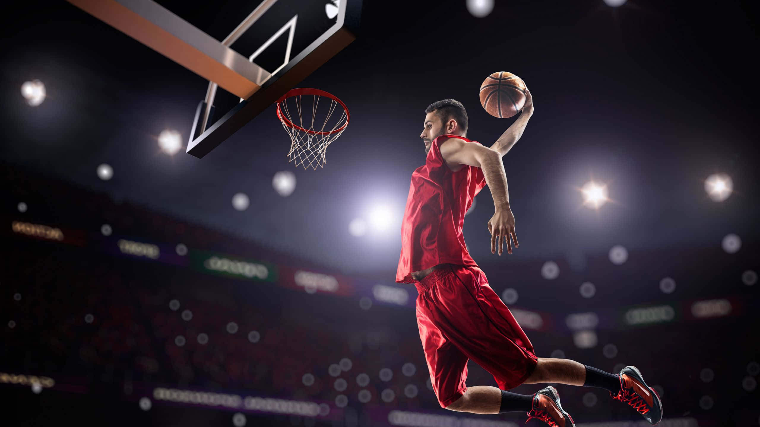 red jersey, hoop, bright arena lights, 2K Desktop Wallpaper