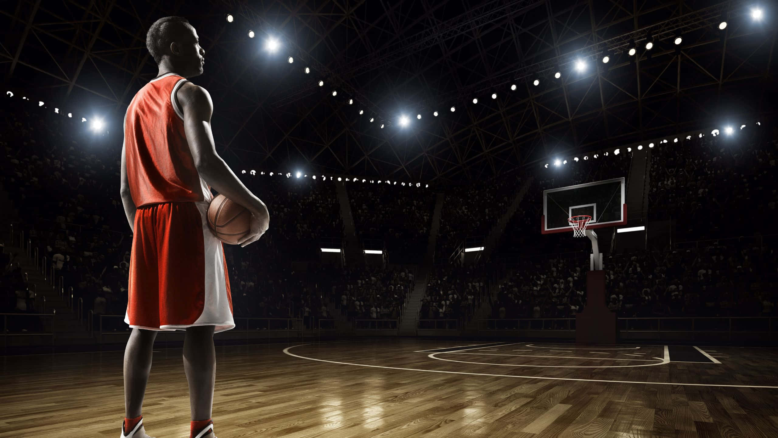 red and white uniform, brightly lit court, arena lights, 2K Desktop Wallpaper