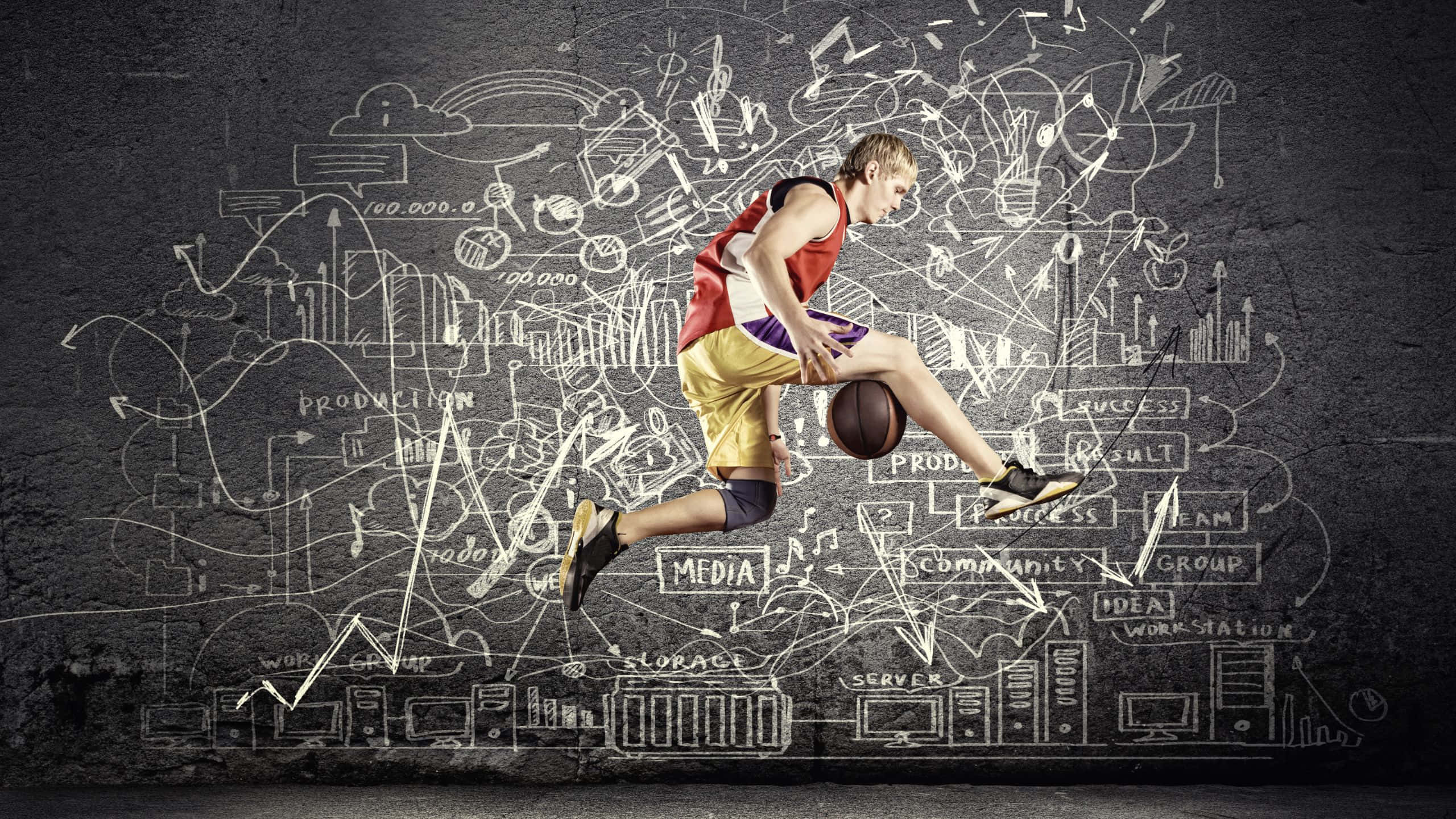 2560x1440, basketball, chalk-drawn wall, 2K Desktop Wallpaper