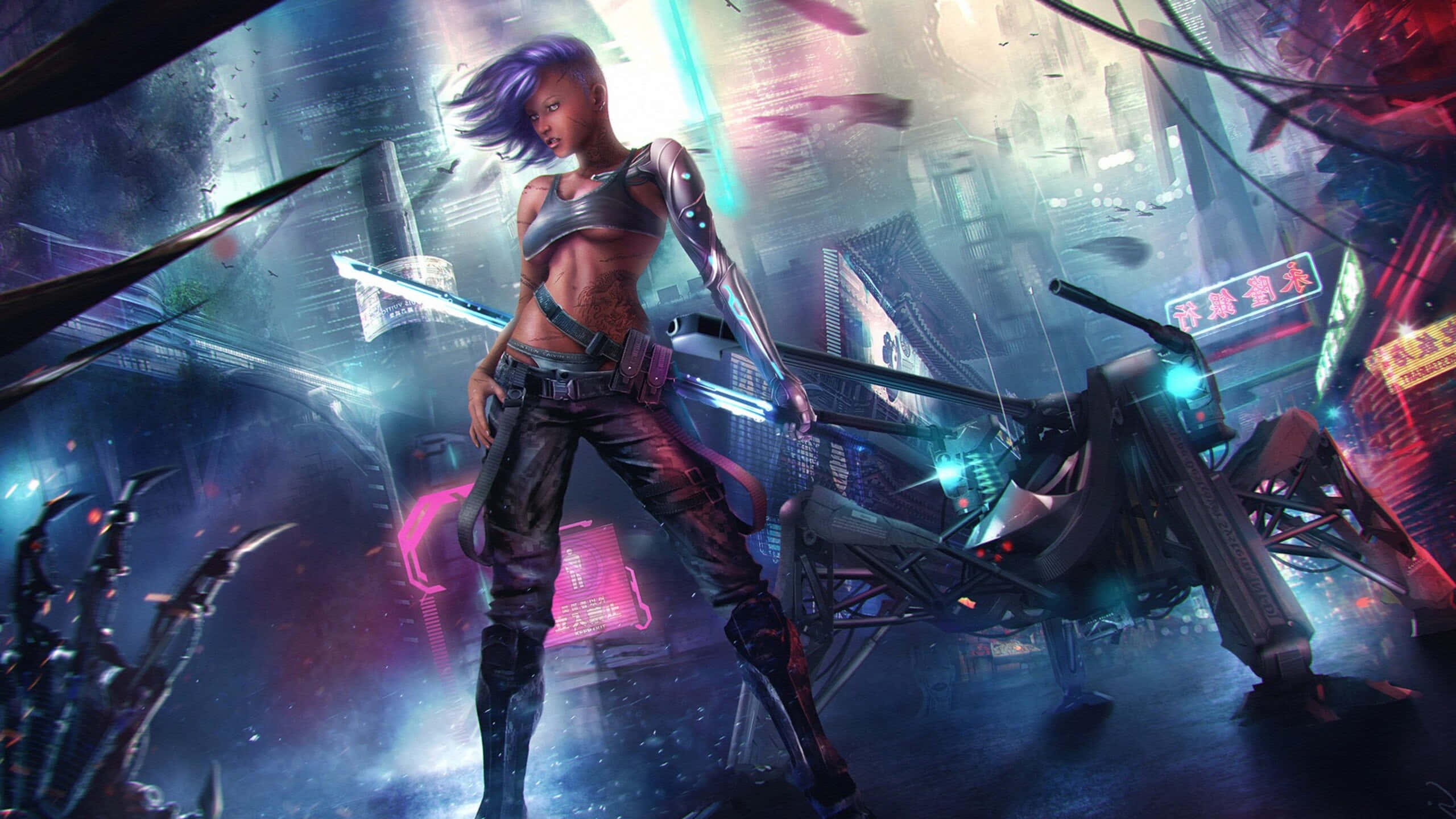 cyberpunk warrior, purple hair, glowing blades, 2K Desktop Wallpaper