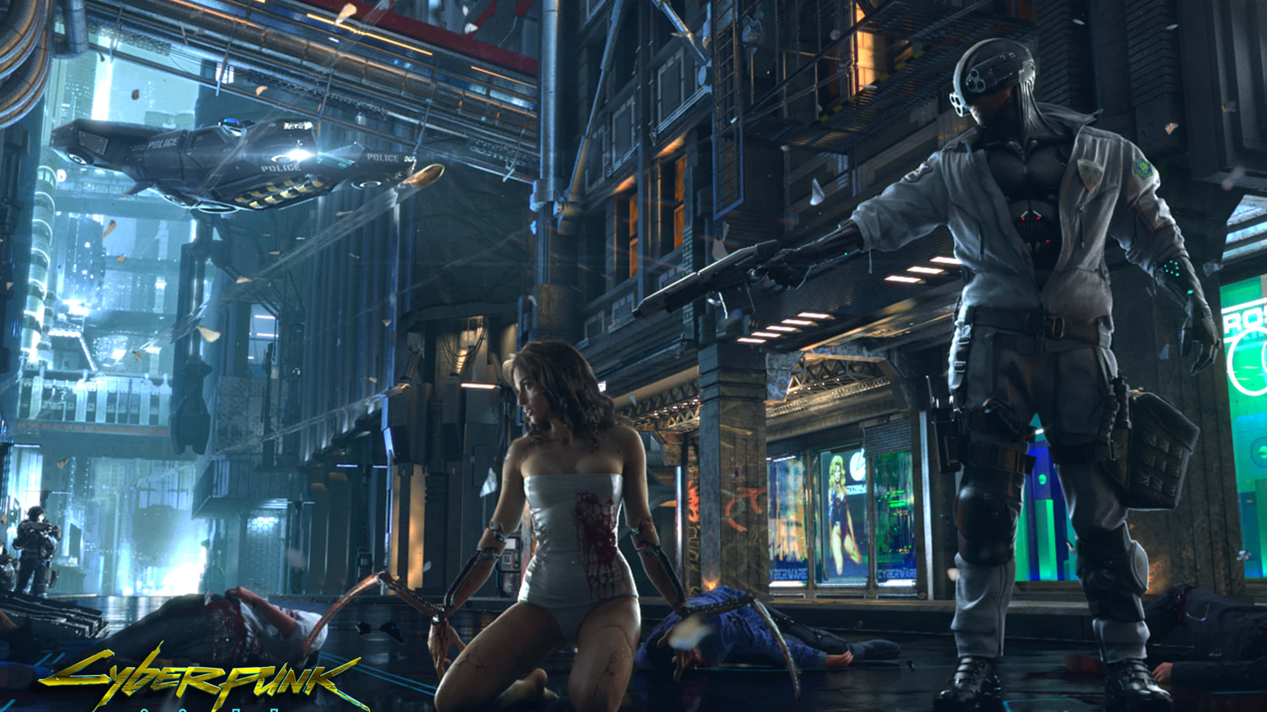 cyberpunk warrior, neon-lit rain-soaked alley, flying vehicles, 2K Desktop Wallpaper