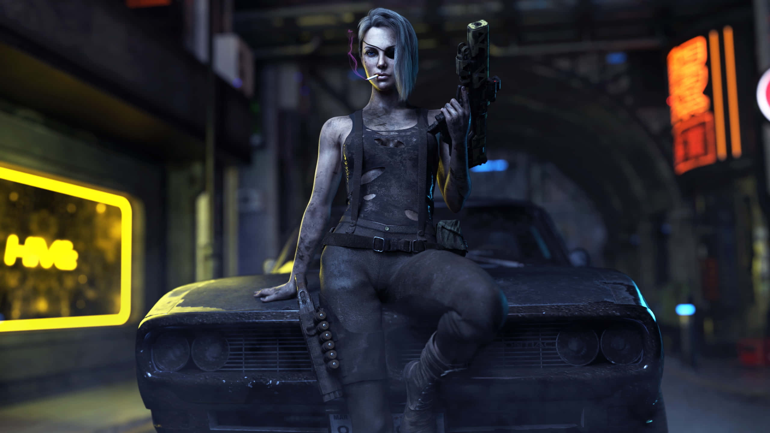 cyberpunk woman, short blue hair, rusted car, 2K Desktop Wallpaper